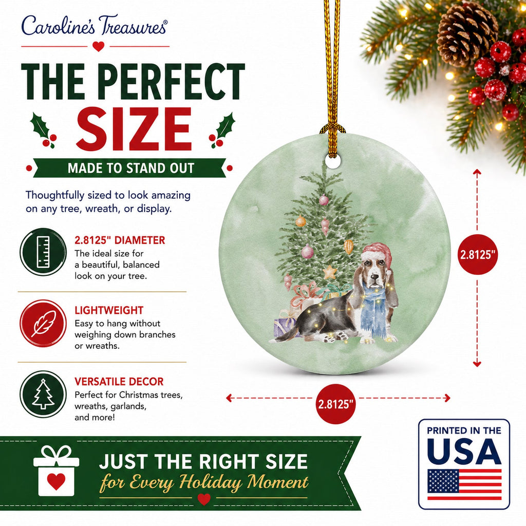 Basset Hound Christmas Presents and Tree Ceramic Ornament Christmas Tree Hanging Decorations for Home Christmas Holiday, Party, Gift, 3 in, Multicolor