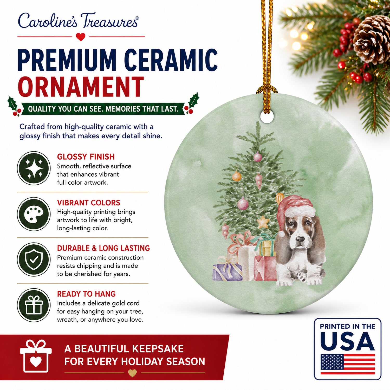 Basset Hound Puppy #2 Christmas Presents and Tree Ceramic Ornament Christmas Tree Hanging Decorations for Home Christmas Holiday, Party, Gift, 3 in, Multicolor