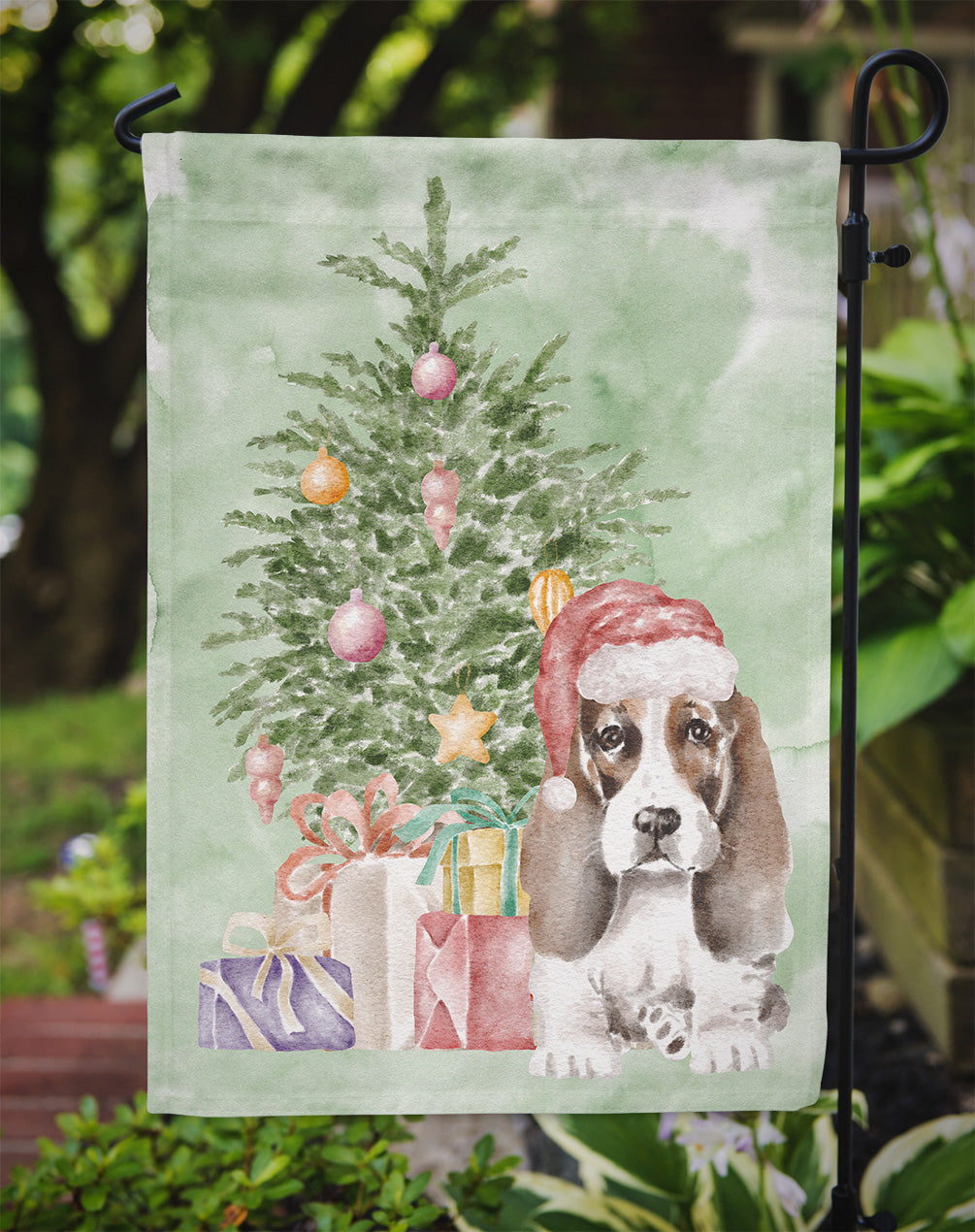 Basset Hound Puppy #2 Christmas Presents and Tree Garden Flag Mailbox Decorative Yard Banner Outside Patio Artwork for Flower Beds, Garden Size, Multicolor