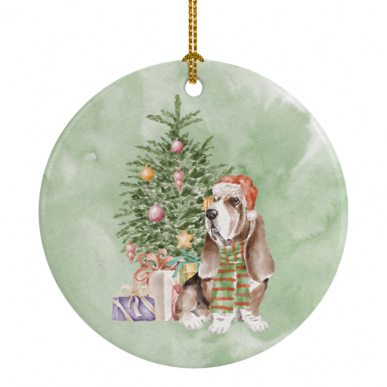 Basset Hound #3 Christmas Presents and Tree Ceramic Ornament Christmas Tree Hanging Decorations for Home Christmas Holiday, Party, Gift, 3 in, Multicolor