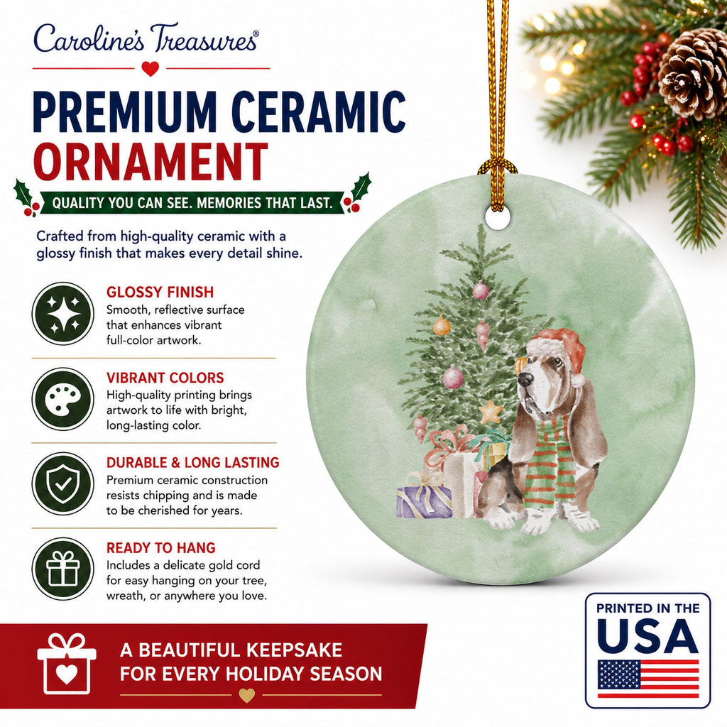Basset Hound #3 Christmas Presents and Tree Ceramic Ornament Christmas Tree Hanging Decorations for Home Christmas Holiday, Party, Gift, 3 in, Multicolor