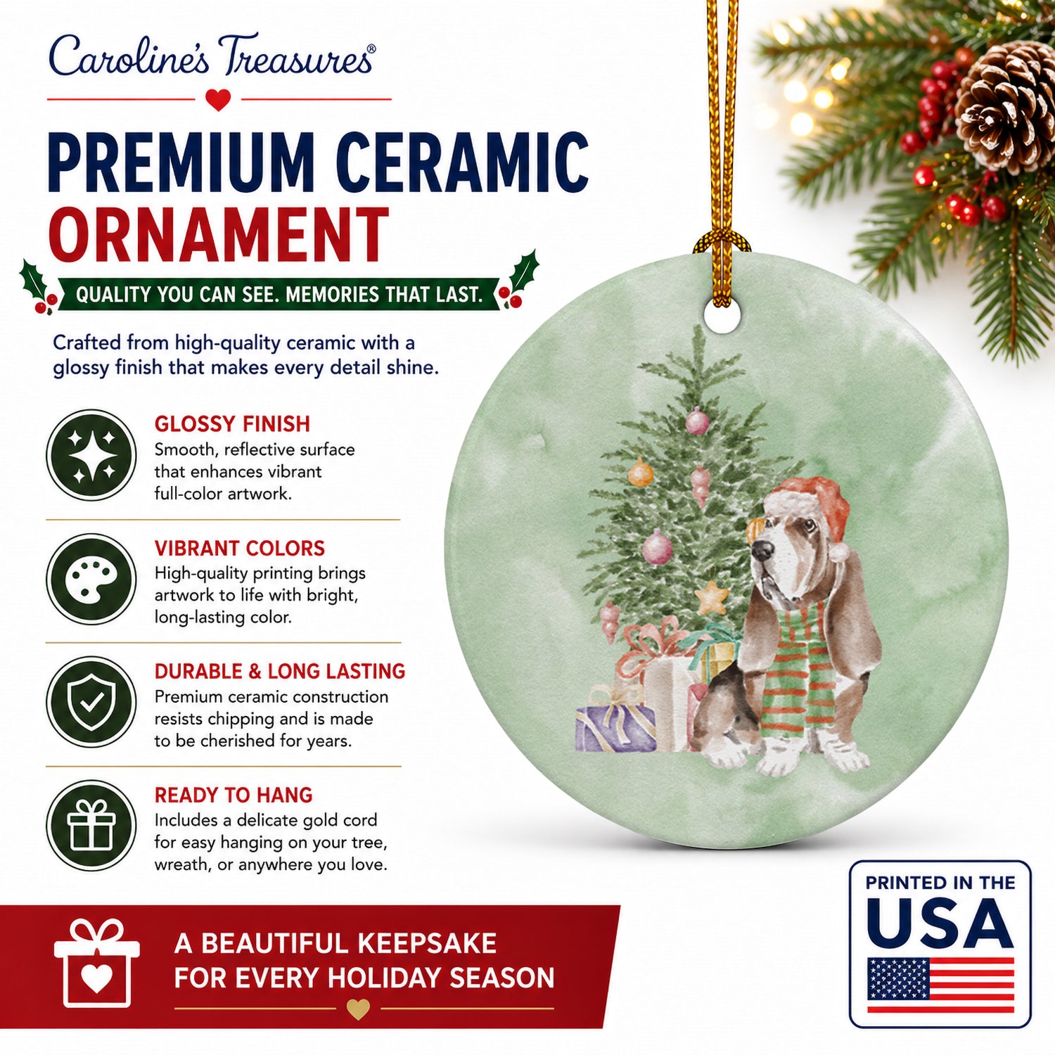 Basset Hound #3 Christmas Presents and Tree Ceramic Ornament Christmas Tree Hanging Decorations for Home Christmas Holiday, Party, Gift, 3 in, Multicolor