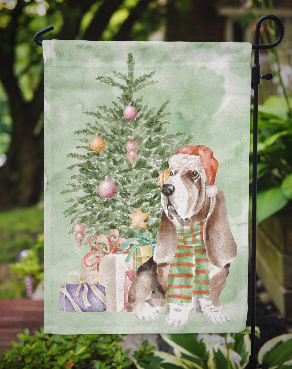 Basset Hound #3 Christmas Presents and Tree Garden Flag Mailbox Decorative Yard Banner Outside Patio Artwork for Flower Beds, Garden Size, Multicolor