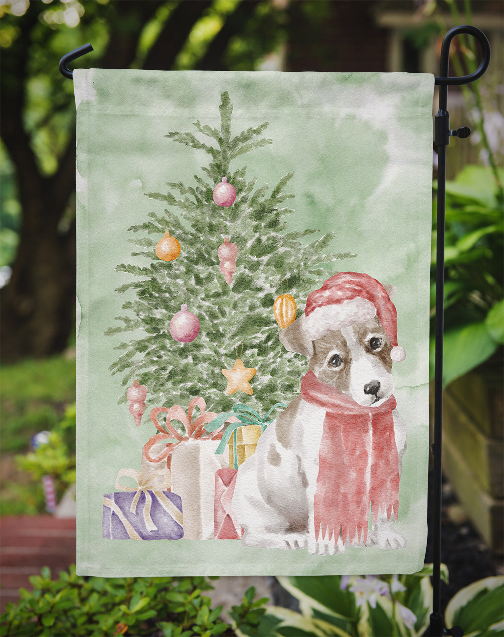 Jack Russell Terrier Smooth Puppy Christmas Presents and Tree Garden Flag Mailbox Decorative Yard Banner Outside Patio Artwork for Flower Beds, Garden Size, Multicolor