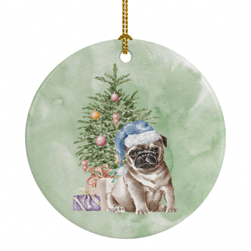 Pug Fawn Puppy Christmas Presents and Tree Ceramic Ornament Christmas Tree Hanging Decorations for Home Christmas Holiday, Party, Gift, 3 in, Multicolor