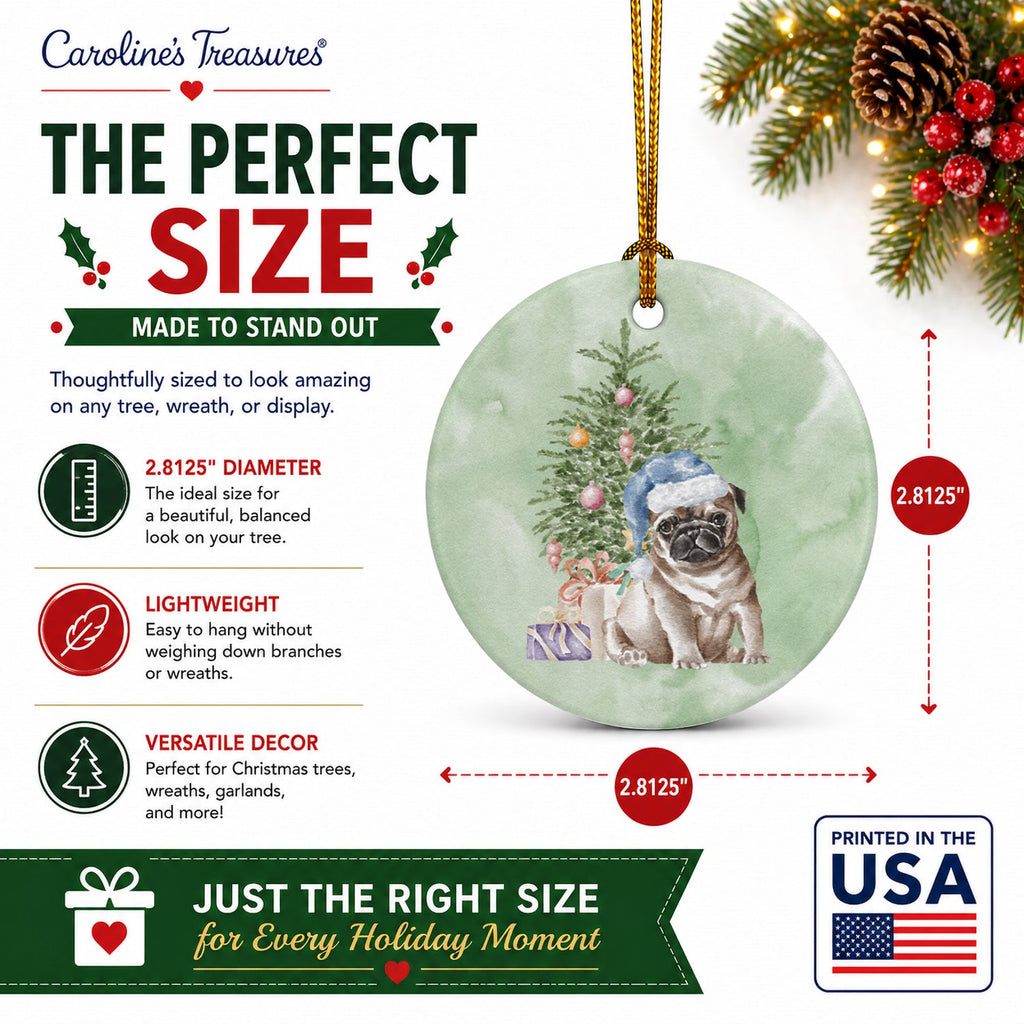 Pug Fawn Puppy Christmas Presents and Tree Ceramic Ornament Christmas Tree Hanging Decorations for Home Christmas Holiday, Party, Gift, 3 in, Multicolor