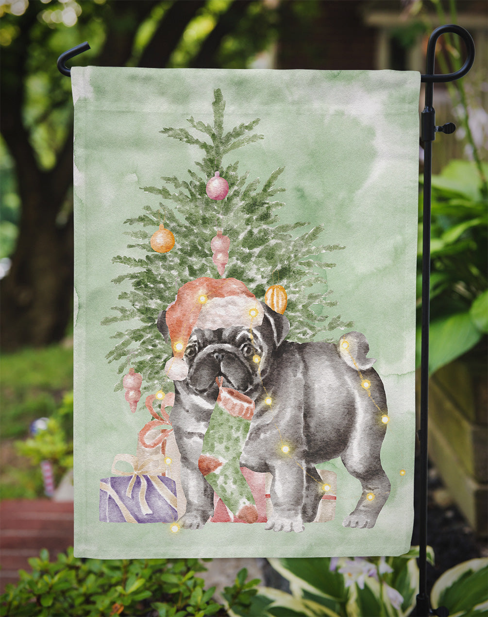 Pug Black #2 Christmas Presents and Tree Garden Flag Mailbox Decorative Yard Banner Outside Patio Artwork for Flower Beds, Garden Size, Multicolor