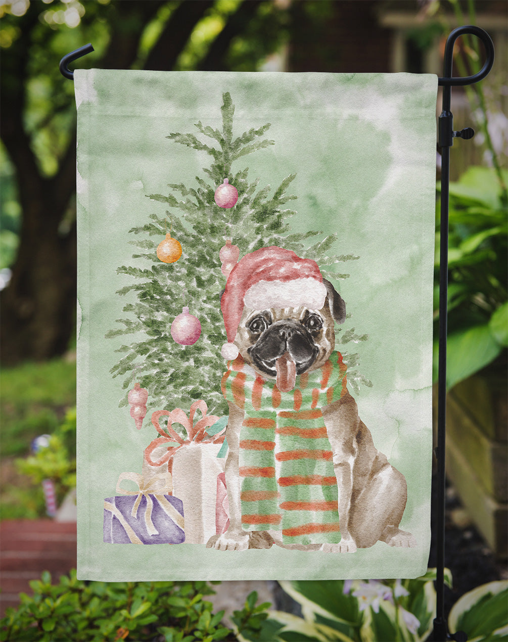 Pug Fawn Christmas Presents and Tree Garden Flag Mailbox Decorative Yard Banner Outside Patio Artwork for Flower Beds, Garden Size, Multicolor