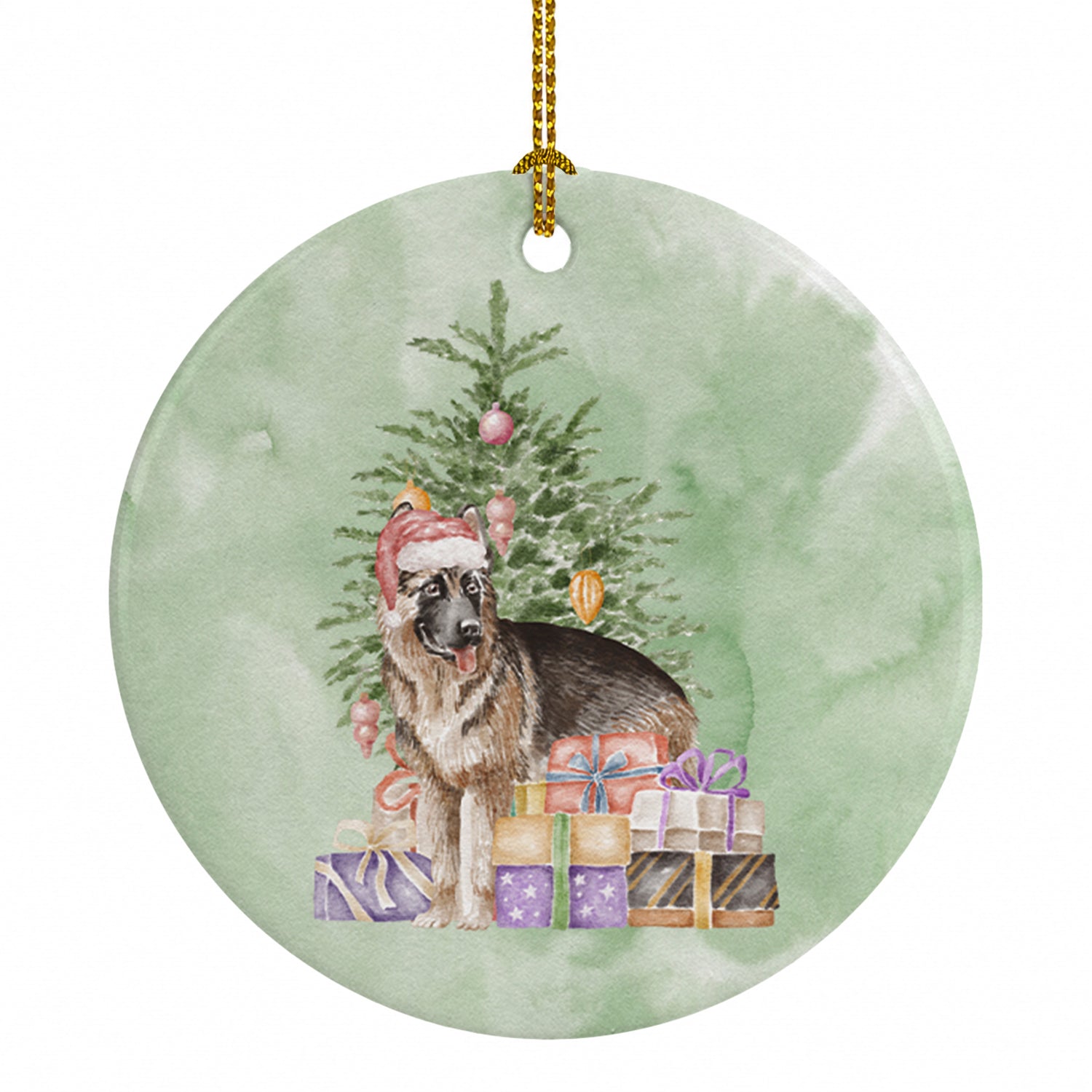 German Shepherd Christmas Presents and Tree Ceramic Ornament Christmas Tree Hanging Decorations for Home Christmas Holiday, Party, Gift, 3 in, Multicolor