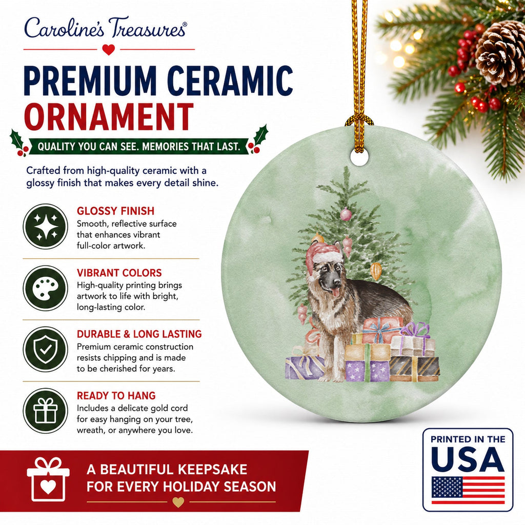 German Shepherd Christmas Presents and Tree Ceramic Ornament Christmas Tree Hanging Decorations for Home Christmas Holiday, Party, Gift, 3 in, Multicolor