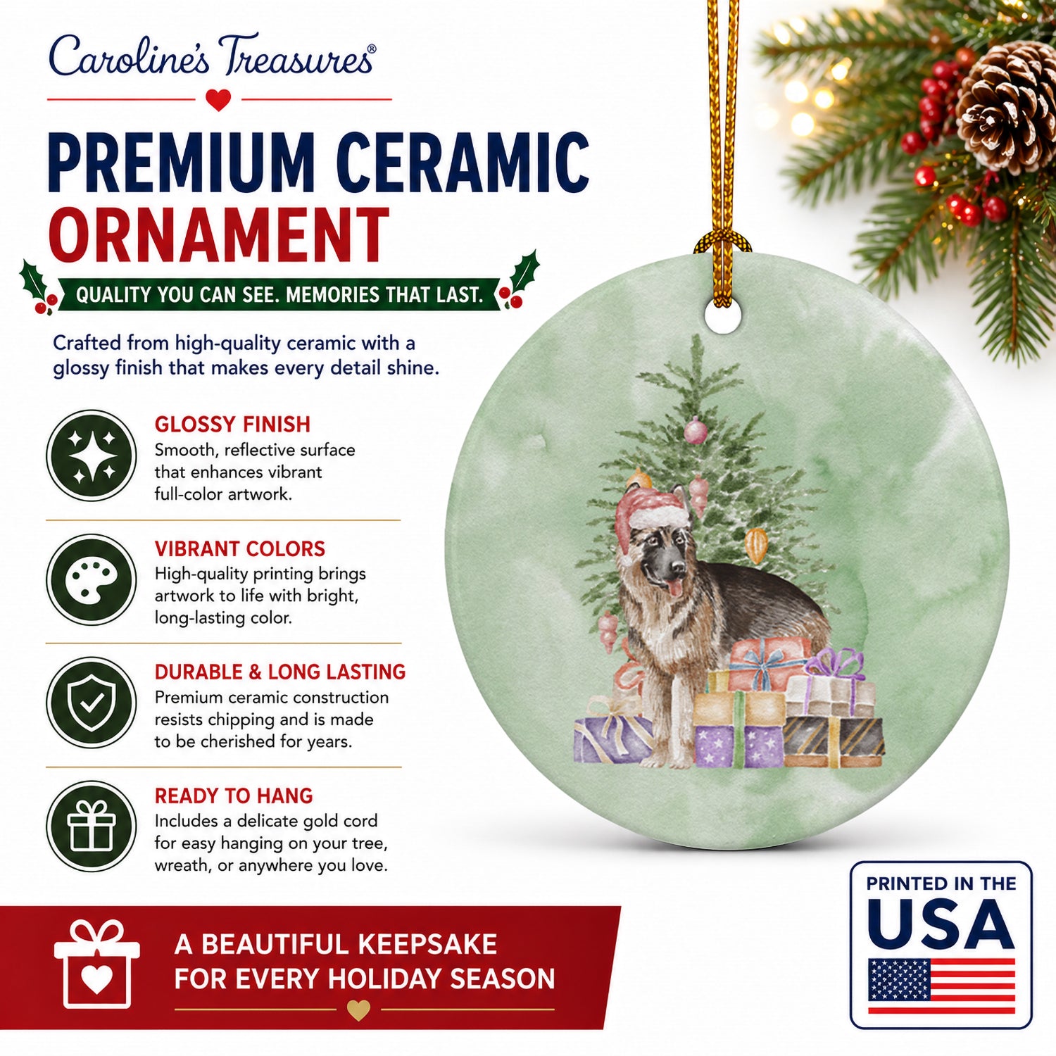 German Shepherd Christmas Presents and Tree Ceramic Ornament Christmas Tree Hanging Decorations for Home Christmas Holiday, Party, Gift, 3 in, Multicolor