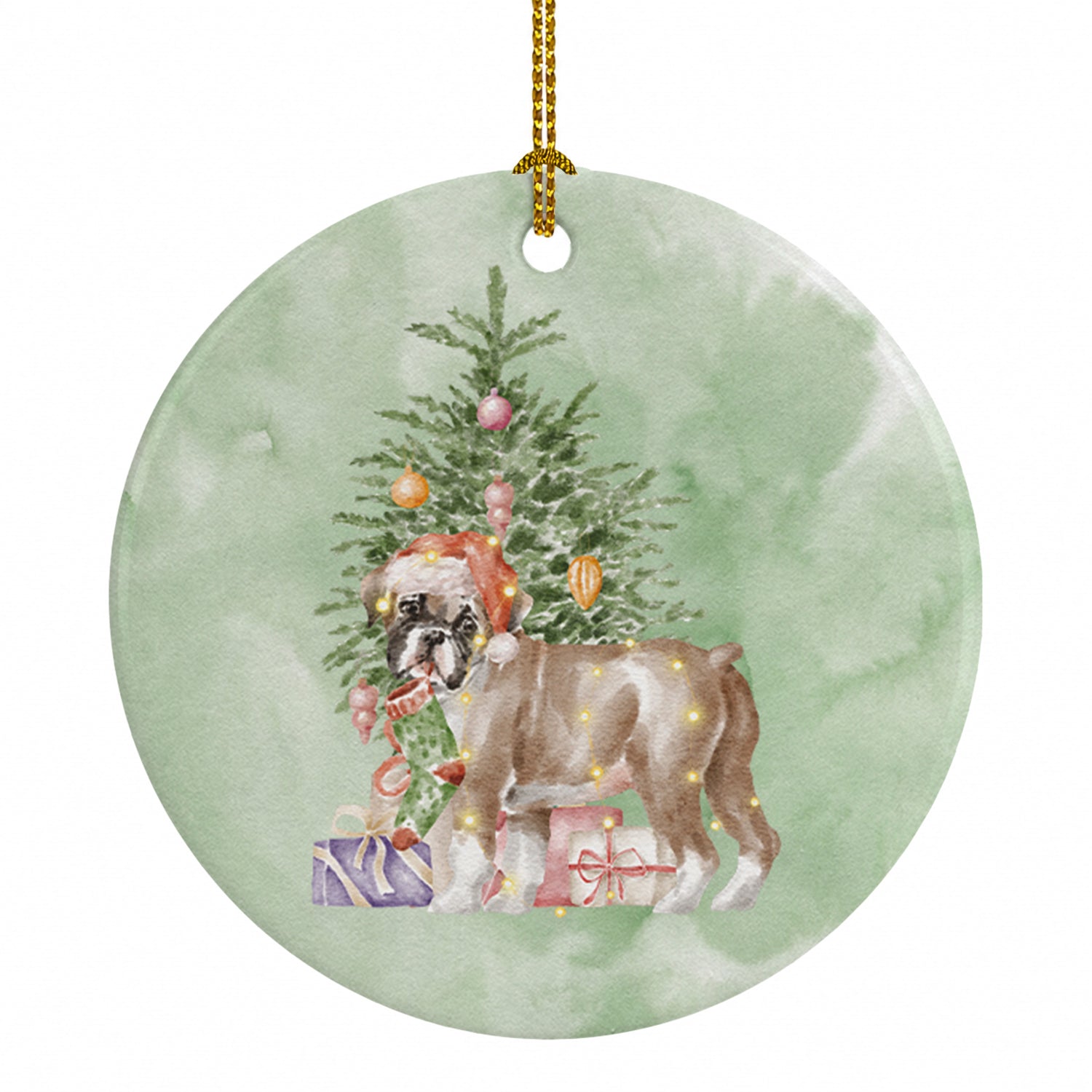 Boxer Puppy #2 Christmas Presents and Tree Ceramic Ornament Christmas Tree Hanging Decorations for Home Christmas Holiday, Party, Gift, 3 in, Multicolor
