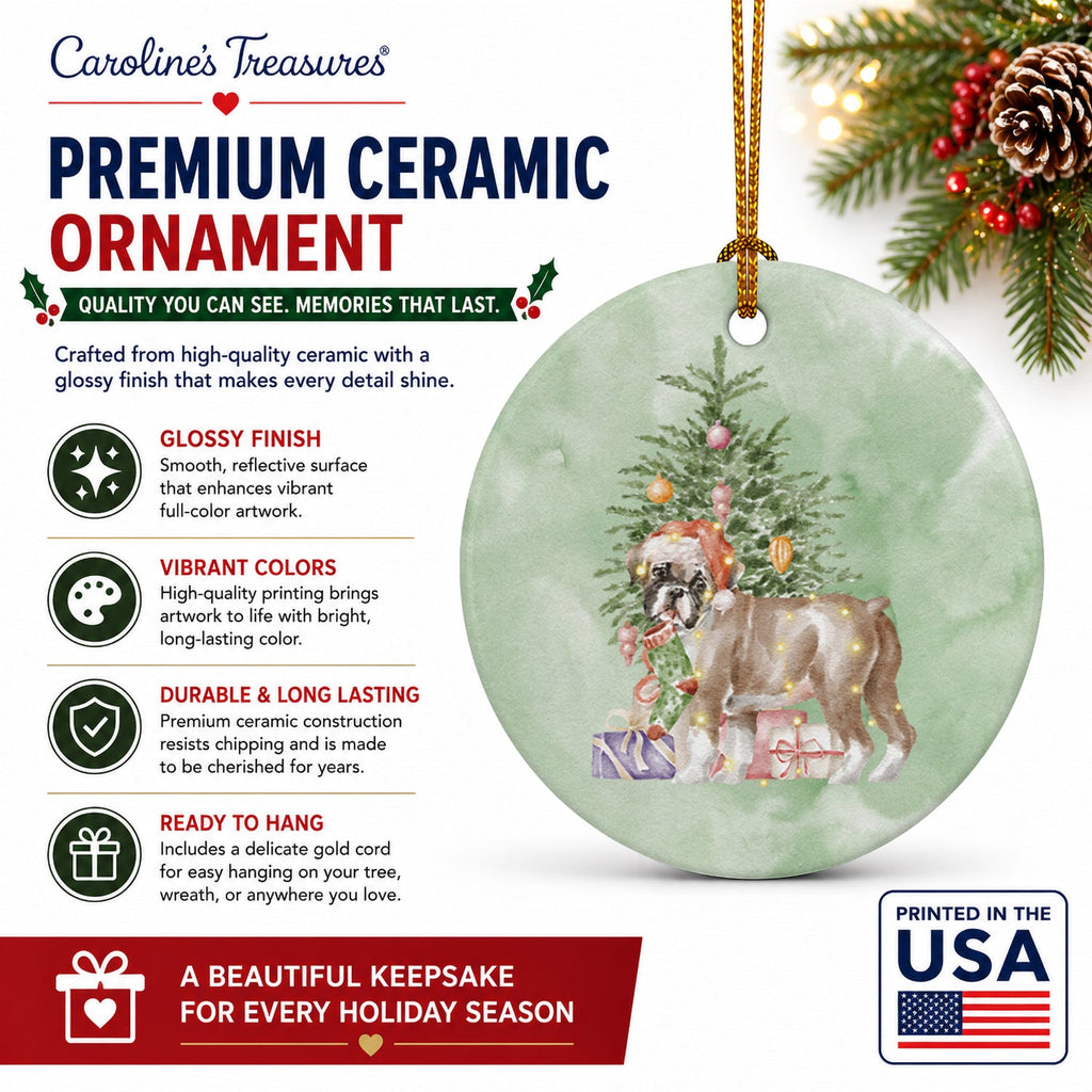 Boxer Puppy #2 Christmas Presents and Tree Ceramic Ornament Christmas Tree Hanging Decorations for Home Christmas Holiday, Party, Gift, 3 in, Multicolor