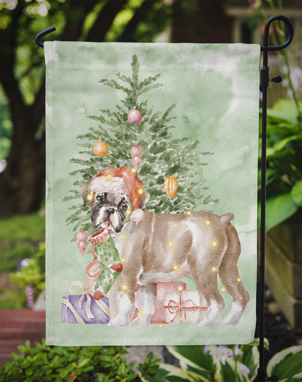 Boxer Puppy #2 Christmas Presents and Tree Garden Flag Mailbox Decorative Yard Banner Outside Patio Artwork for Flower Beds, Garden Size, Multicolor