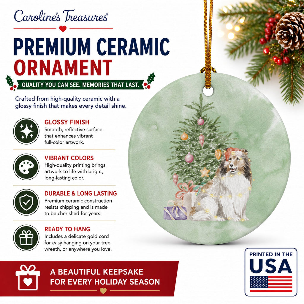 Sheltie Christmas Presents and Tree Ceramic Ornament Christmas Tree Hanging Decorations for Home Christmas Holiday, Party, Gift, 3 in, Multicolor
