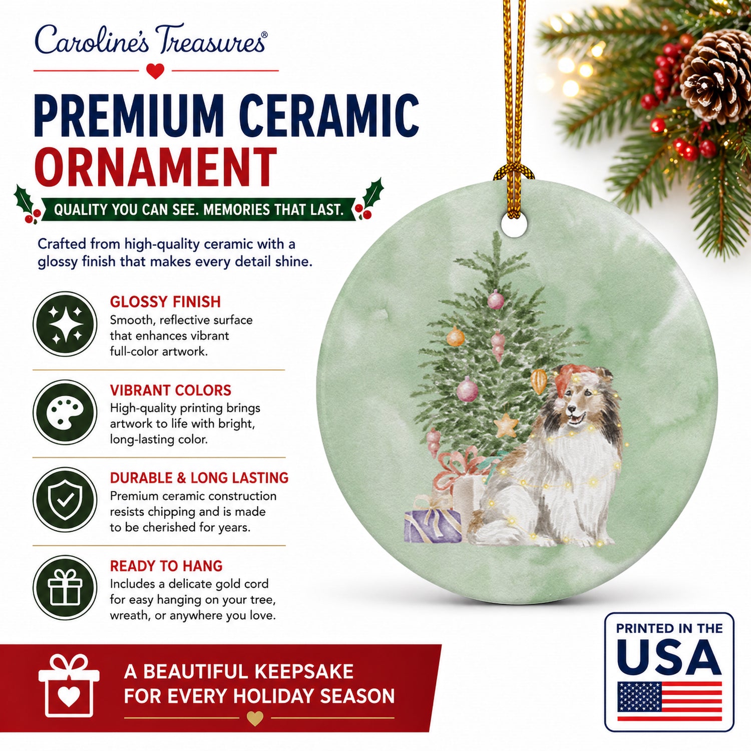 Sheltie Christmas Presents and Tree Ceramic Ornament Christmas Tree Hanging Decorations for Home Christmas Holiday, Party, Gift, 3 in, Multicolor