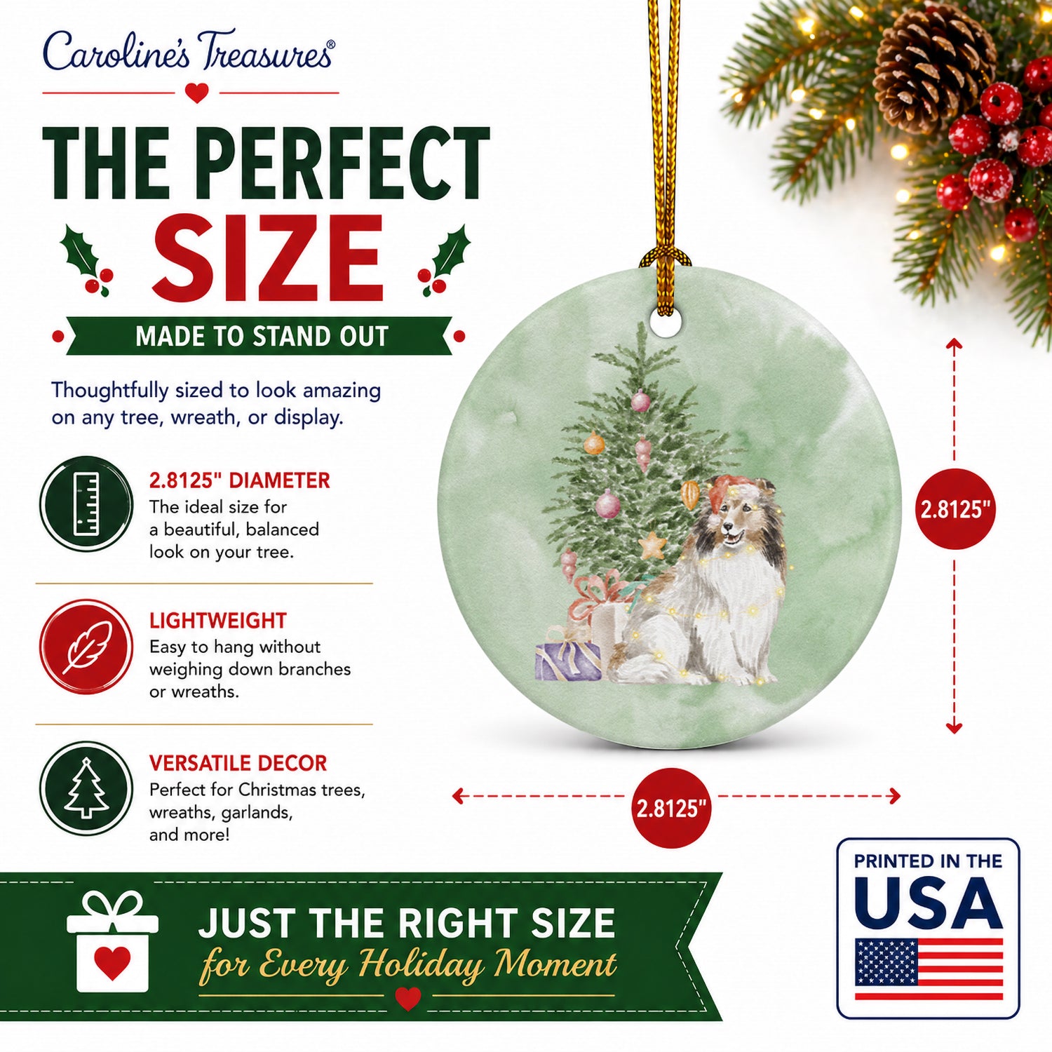 Sheltie Christmas Presents and Tree Ceramic Ornament Christmas Tree Hanging Decorations for Home Christmas Holiday, Party, Gift, 3 in, Multicolor