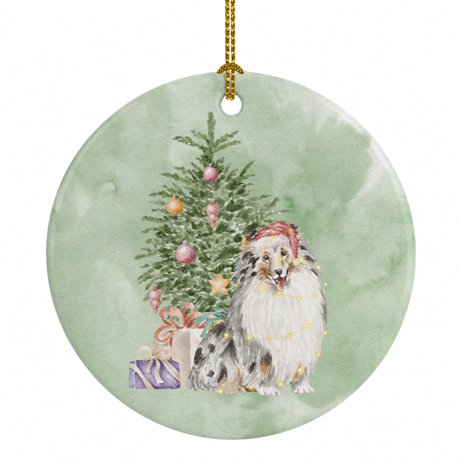 Sheltie Merle Christmas Presents and Tree Ceramic Ornament Christmas Tree Hanging Decorations for Home Christmas Holiday, Party, Gift, 3 in, Multicolor