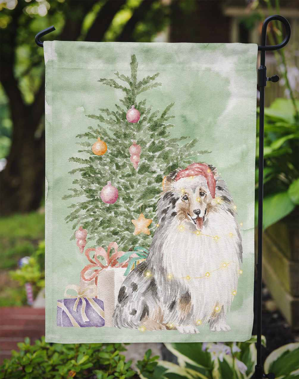 Sheltie Merle Christmas Presents and Tree Garden Flag Mailbox Decorative Yard Banner Outside Patio Artwork for Flower Beds, Garden Size, Multicolor