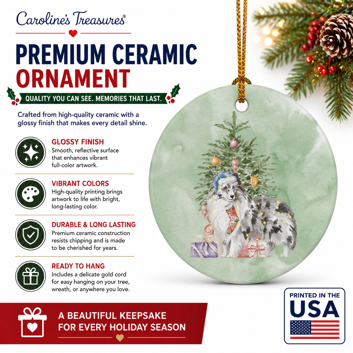 Sheltie Blue Merle Christmas Presents and Tree Ceramic Ornament Christmas Tree Hanging Decorations for Home Christmas Holiday, Party, Gift, 3 in, Multicolor