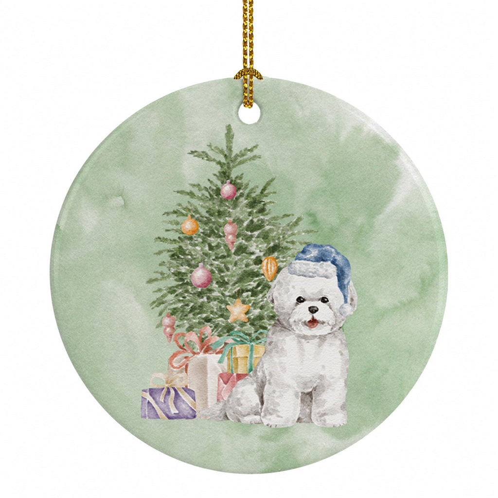 Bichon Frise Blue Hat Christmas Presents and Tree Ceramic Ornament Christmas Tree Hanging Decorations for Home Christmas Holiday, Party, Gift, 3 in, Multicolor