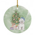 Bichon Frise Blue Hat Christmas Presents and Tree Ceramic Ornament Christmas Tree Hanging Decorations for Home Christmas Holiday, Party, Gift, 3 in, Multicolor
