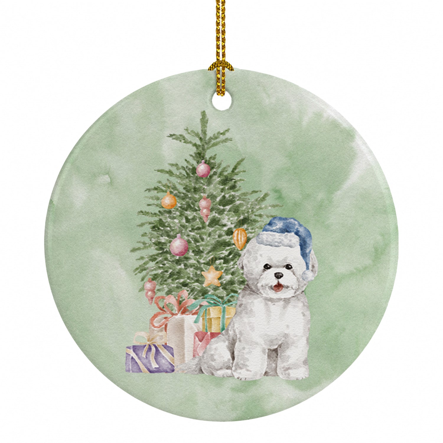 Bichon Frise Blue Hat Christmas Presents and Tree Ceramic Ornament Christmas Tree Hanging Decorations for Home Christmas Holiday, Party, Gift, 3 in, Multicolor