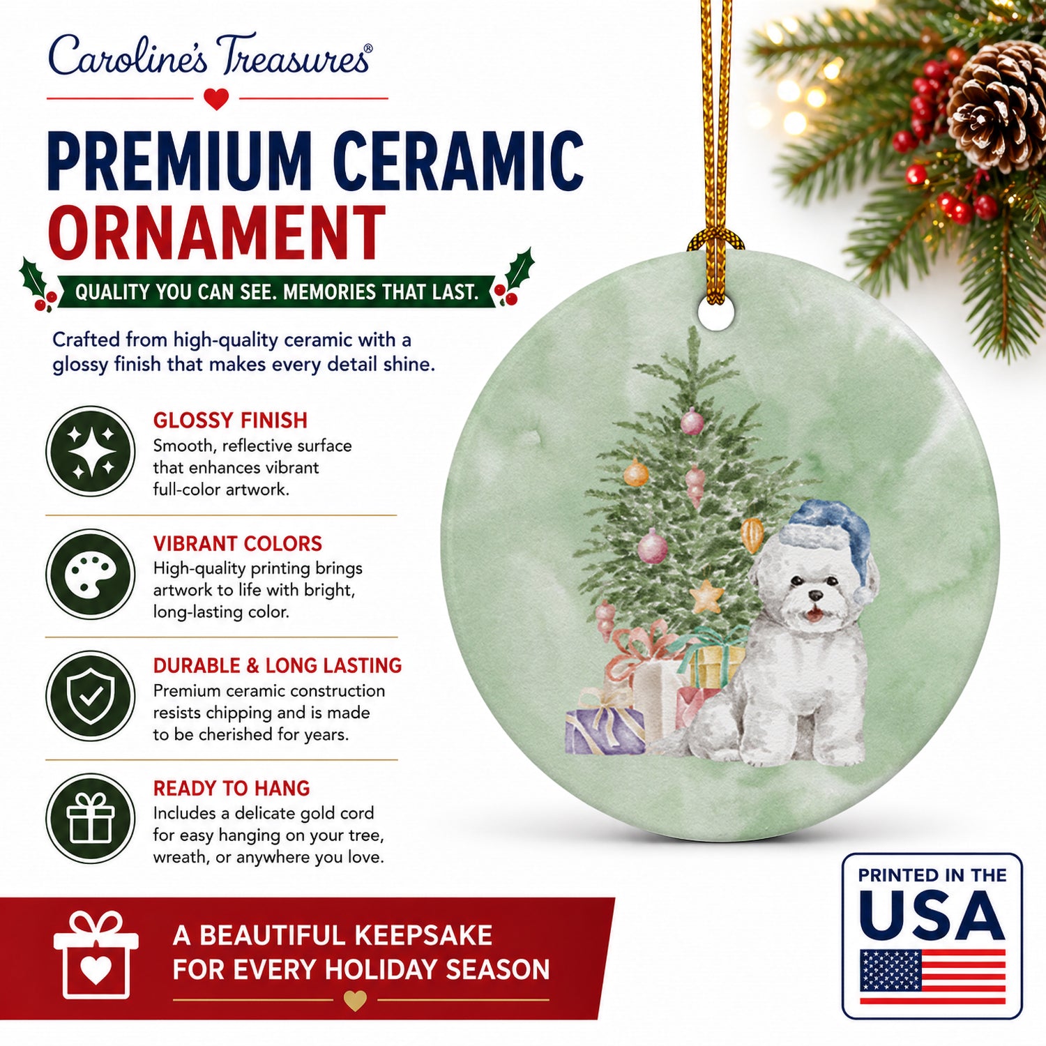Bichon Frise Blue Hat Christmas Presents and Tree Ceramic Ornament Christmas Tree Hanging Decorations for Home Christmas Holiday, Party, Gift, 3 in, Multicolor