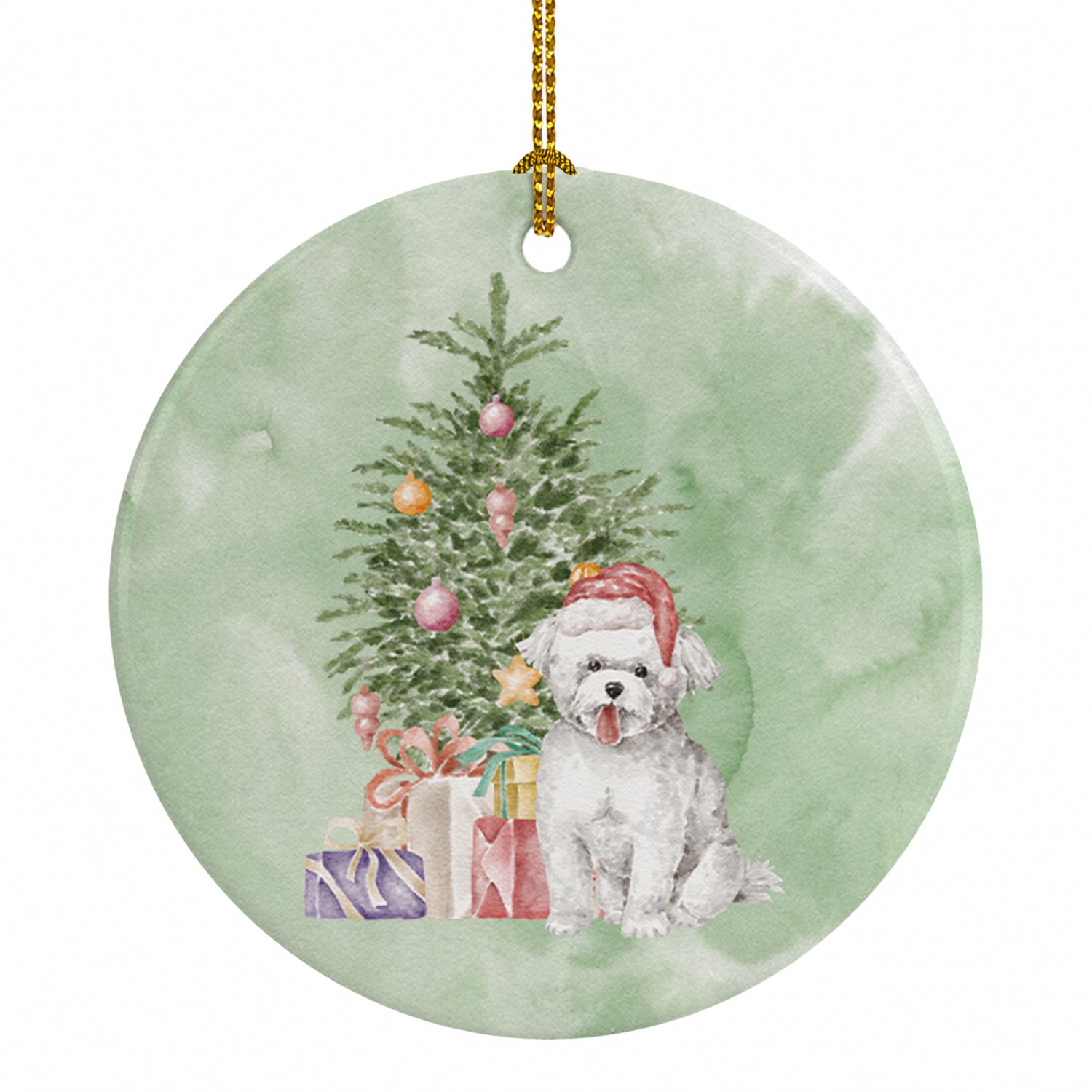 Bichon Frise Puppy Christmas Presents and Tree Ceramic Ornament Christmas Tree Hanging Decorations for Home Christmas Holiday, Party, Gift, 3 in, Multicolor