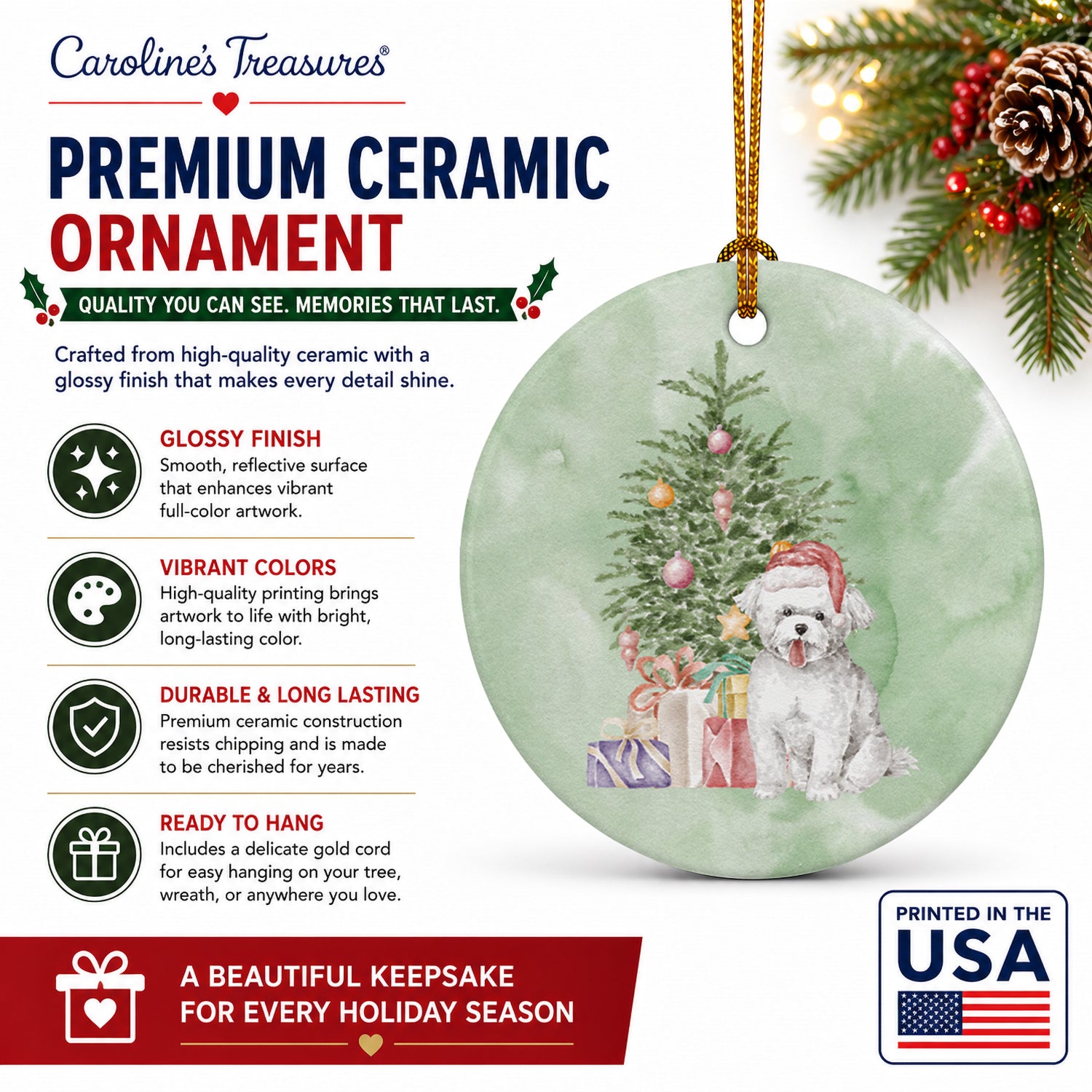 Bichon Frise Puppy Christmas Presents and Tree Ceramic Ornament Christmas Tree Hanging Decorations for Home Christmas Holiday, Party, Gift, 3 in, Multicolor