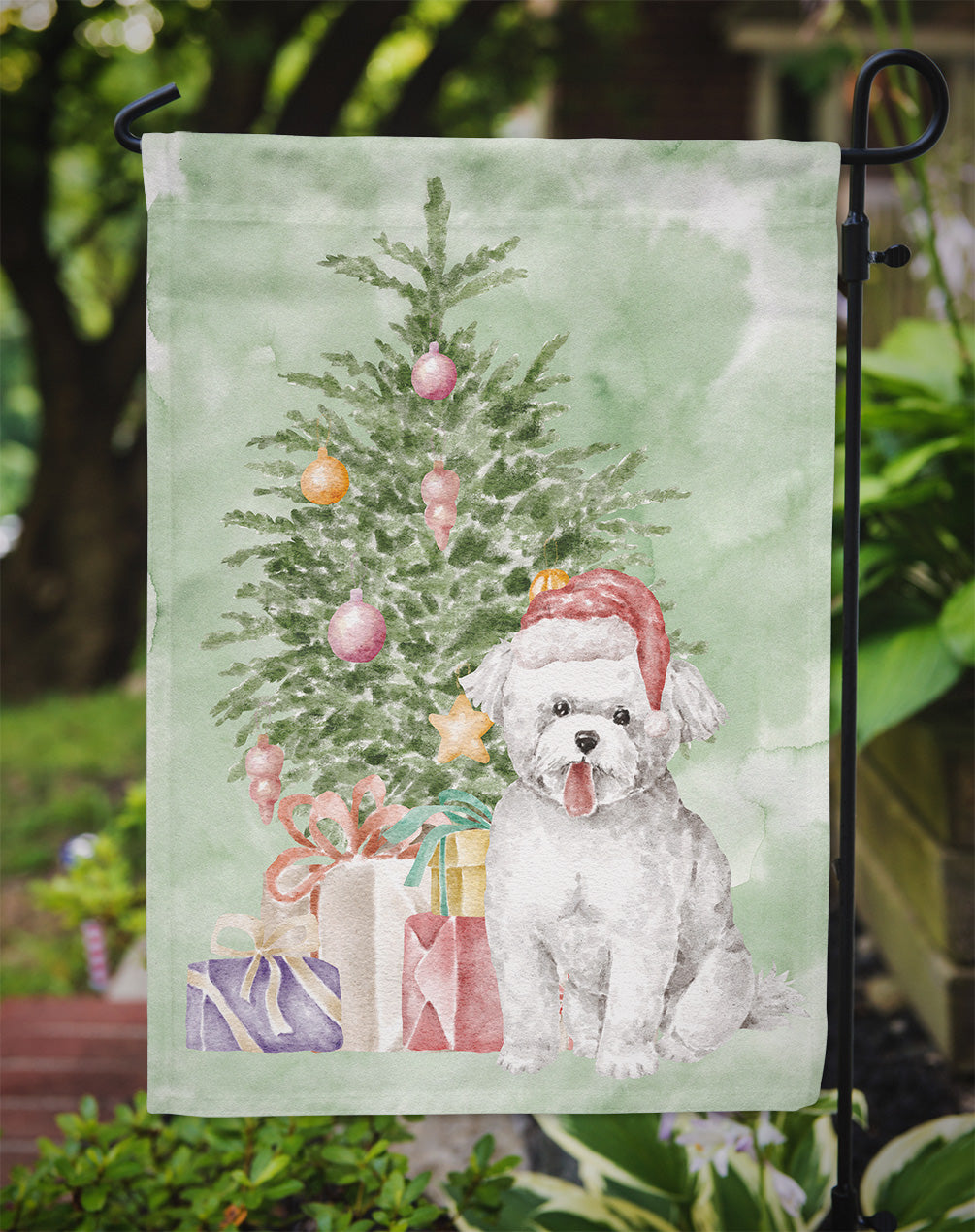 Bichon Frise Puppy Christmas Presents and Tree Garden Flag Mailbox Decorative Yard Banner Outside Patio Artwork for Flower Beds, Garden Size, Multicolor