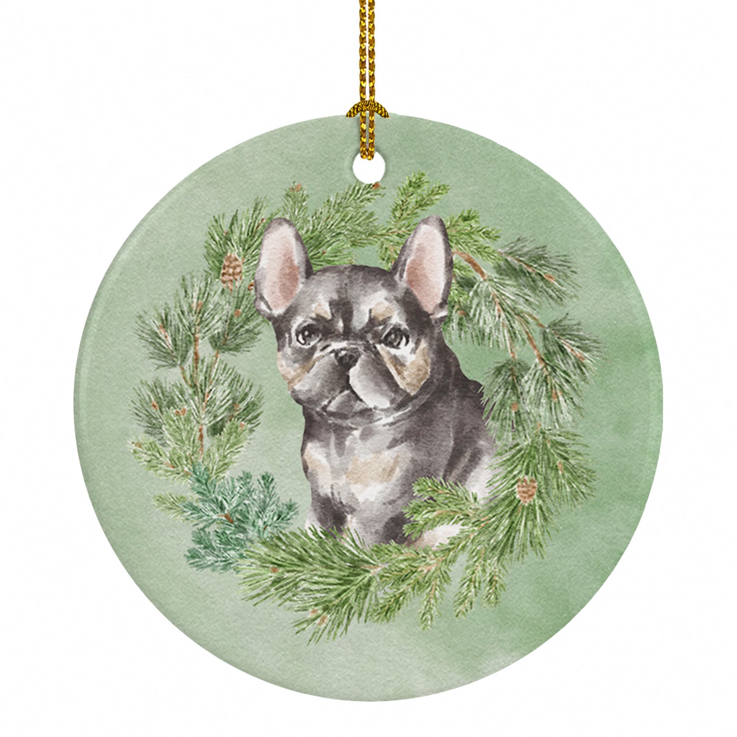 French Bulldog Puppy Black Christmas Wreath Ceramic Ornament Christmas Tree Hanging Decorations for Home Christmas Holiday, Party, Gift, 3 in, Multicolor