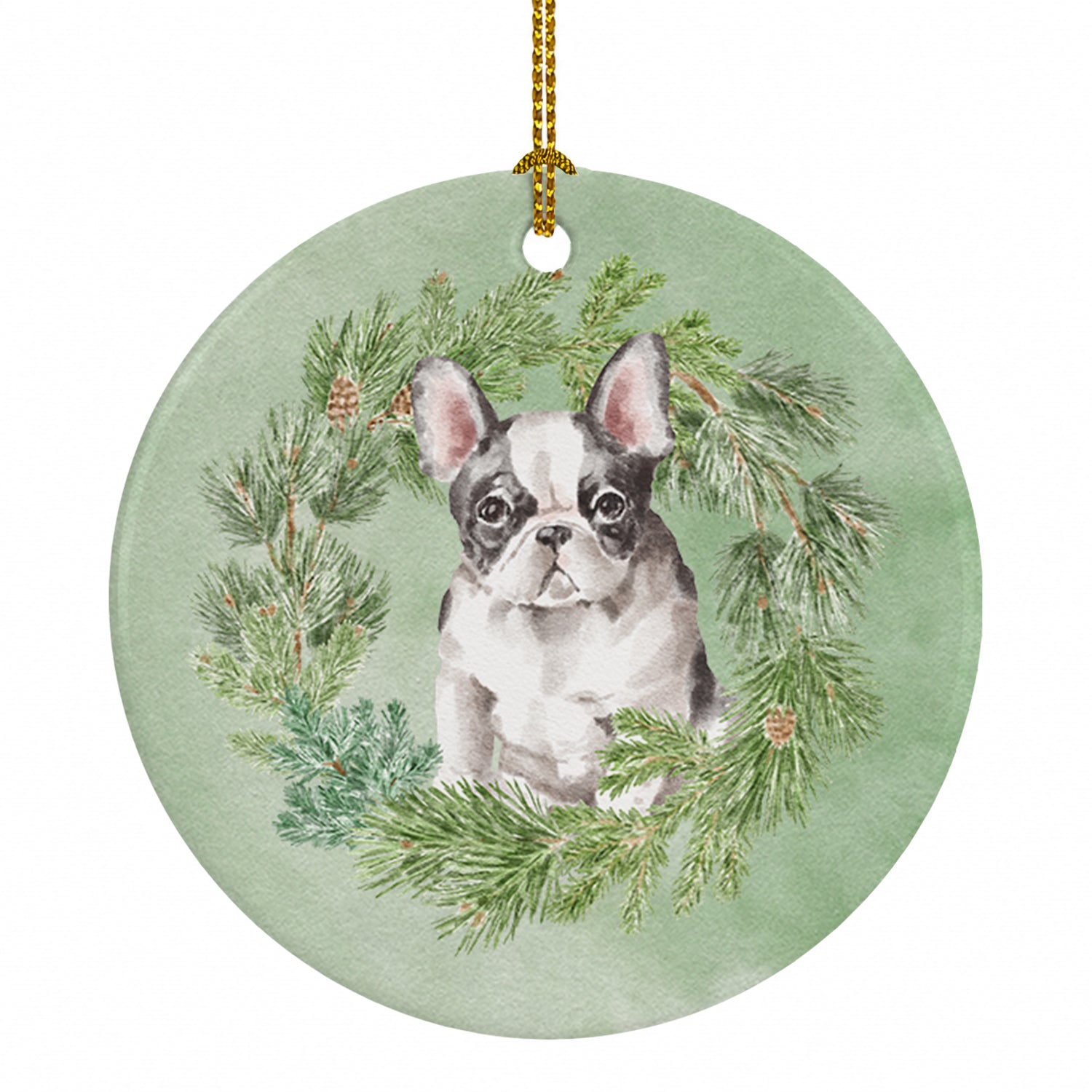 French Bulldog Black and White Christmas Wreath Ceramic Ornament Christmas Tree Hanging Decorations for Home Christmas Holiday, Party, Gift, 3 in, Multicolor