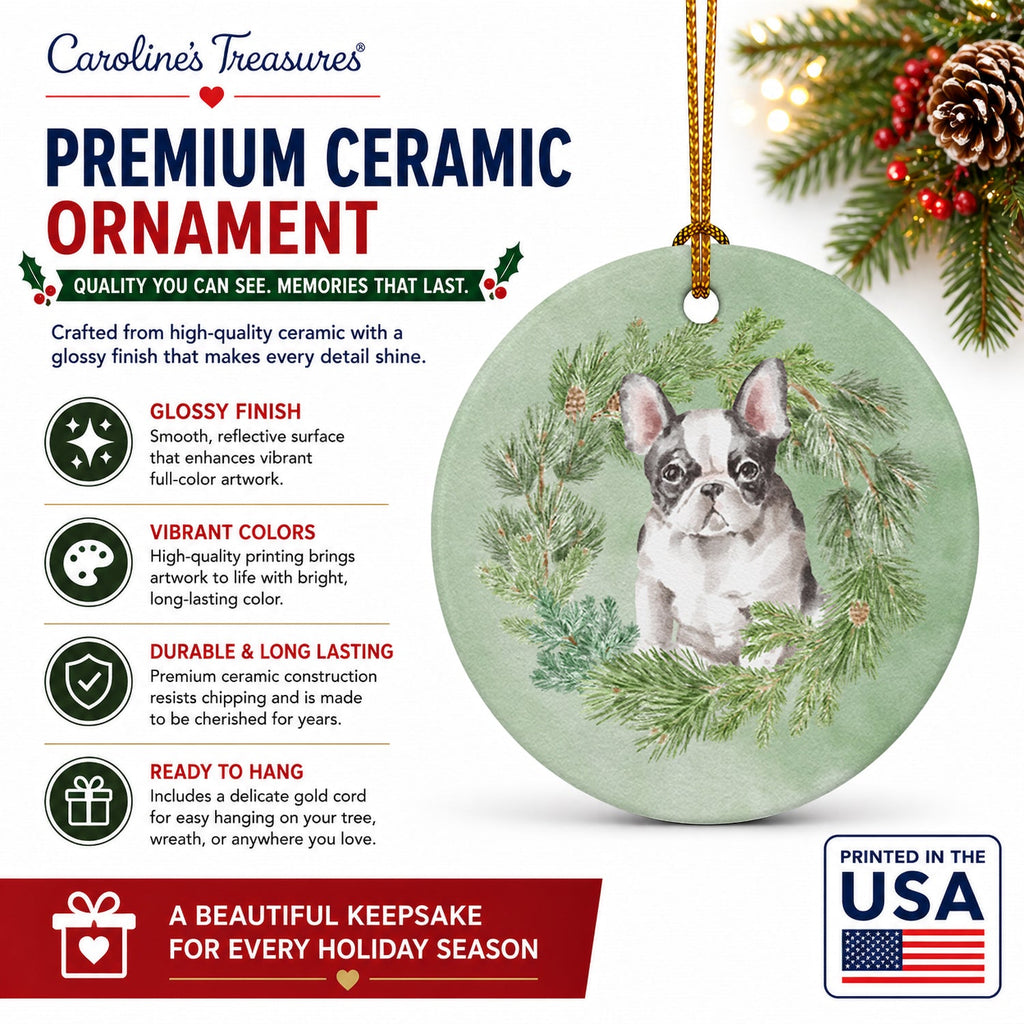 French Bulldog Black and White Christmas Wreath Ceramic Ornament Christmas Tree Hanging Decorations for Home Christmas Holiday, Party, Gift, 3 in, Multicolor