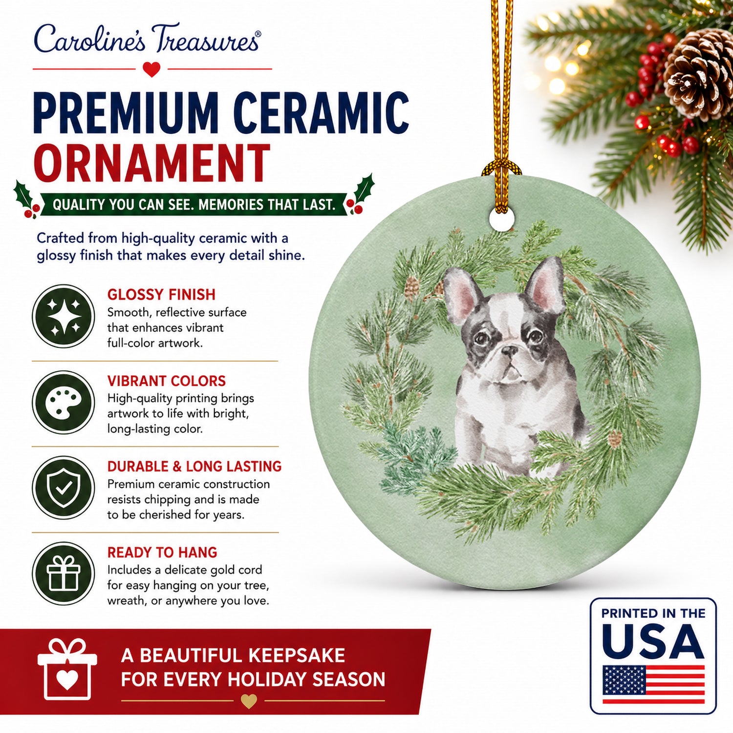 French Bulldog Black and White Christmas Wreath Ceramic Ornament Christmas Tree Hanging Decorations for Home Christmas Holiday, Party, Gift, 3 in, Multicolor