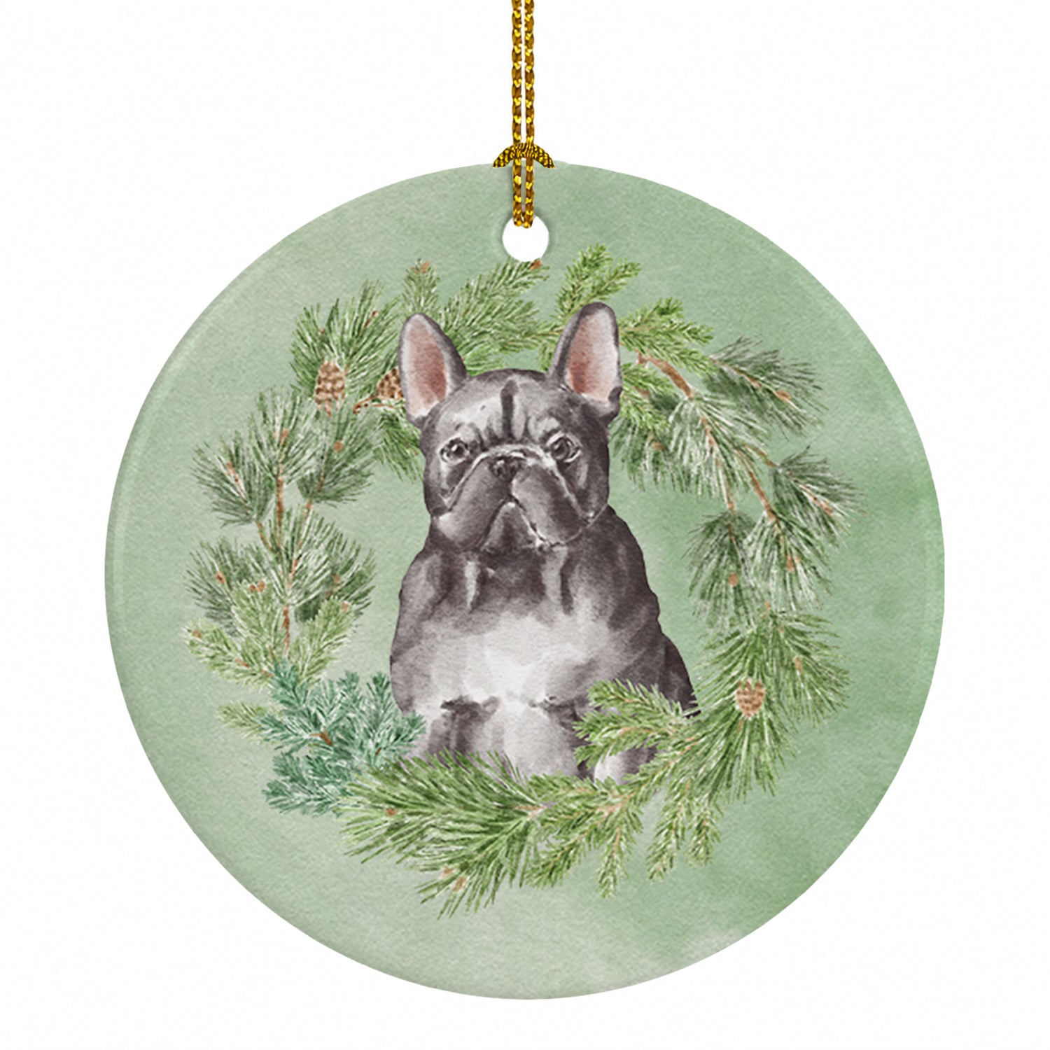 French Bulldog Black Christmas Wreath Ceramic Ornament Christmas Tree Hanging Decorations for Home Christmas Holiday, Party, Gift, 3 in, Multicolor