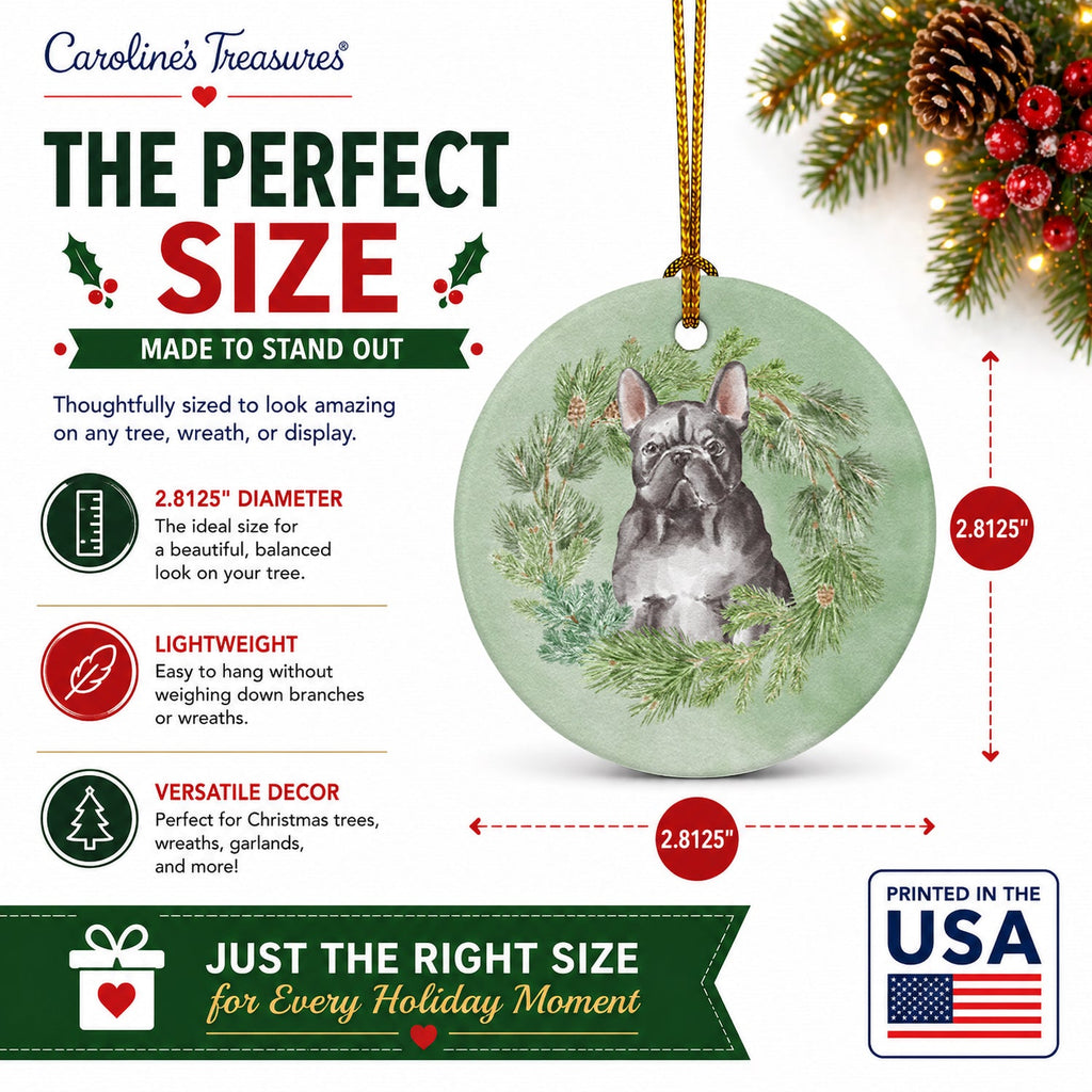 French Bulldog Black Christmas Wreath Ceramic Ornament Christmas Tree Hanging Decorations for Home Christmas Holiday, Party, Gift, 3 in, Multicolor