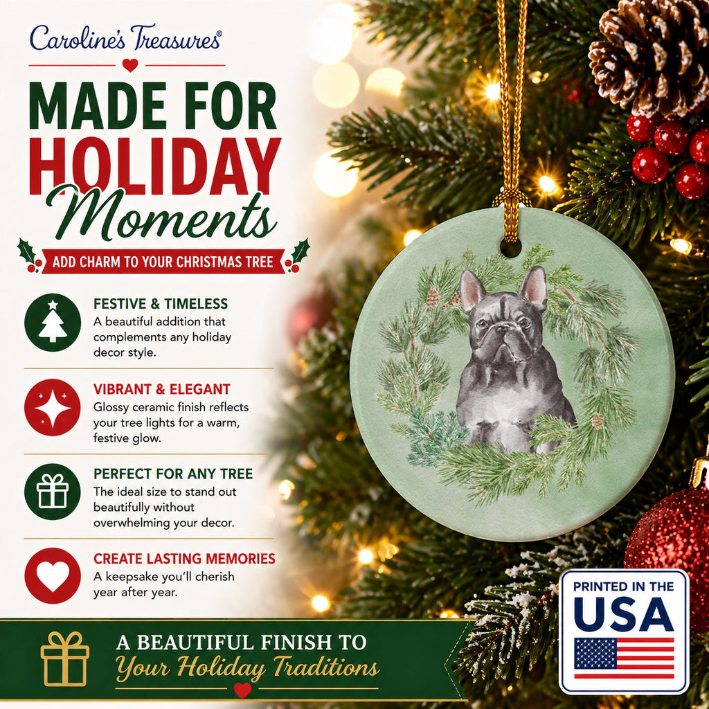 French Bulldog Black Christmas Wreath Ceramic Ornament Christmas Tree Hanging Decorations for Home Christmas Holiday, Party, Gift, 3 in, Multicolor