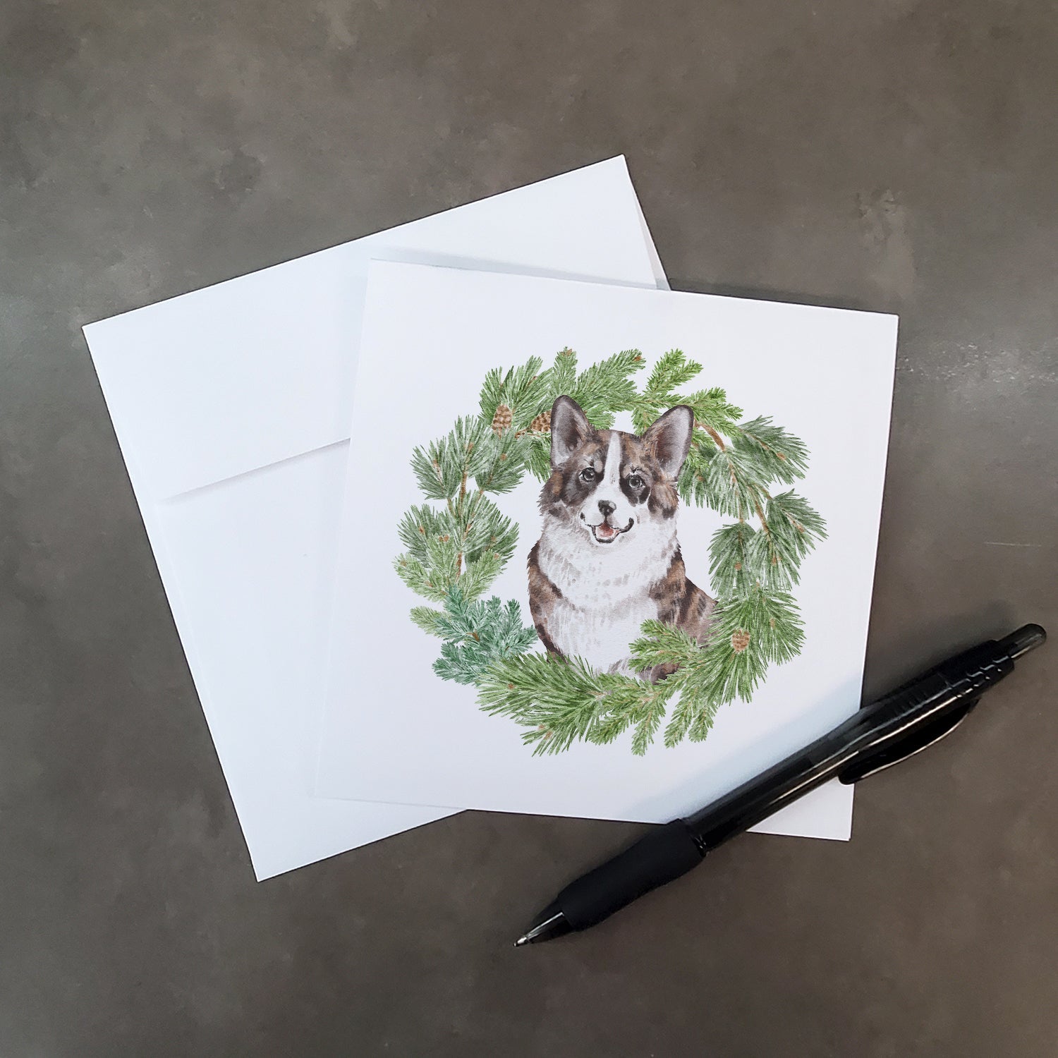 Corgi Brindle Christmas Wreath Square Greeting Cards and Envelopes Pack of 8 Blank Cards with Envelopes Blank Thank You Note Greeting Cards Stationery