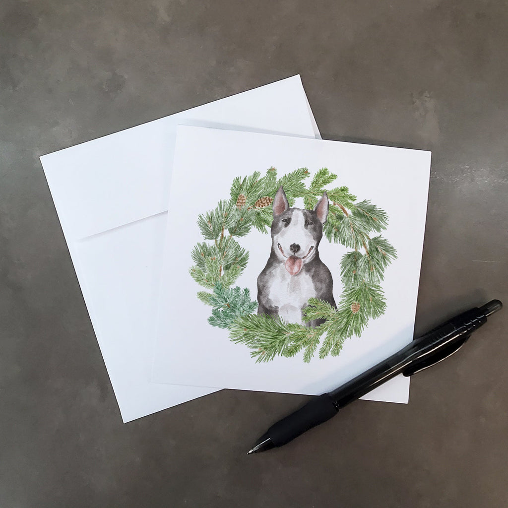 Bull Terrier Black and White Christmas Wreath Square Greeting Cards and Envelopes Pack of 8 Blank Cards with Envelopes Blank Thank You Note Greeting Cards Stationery