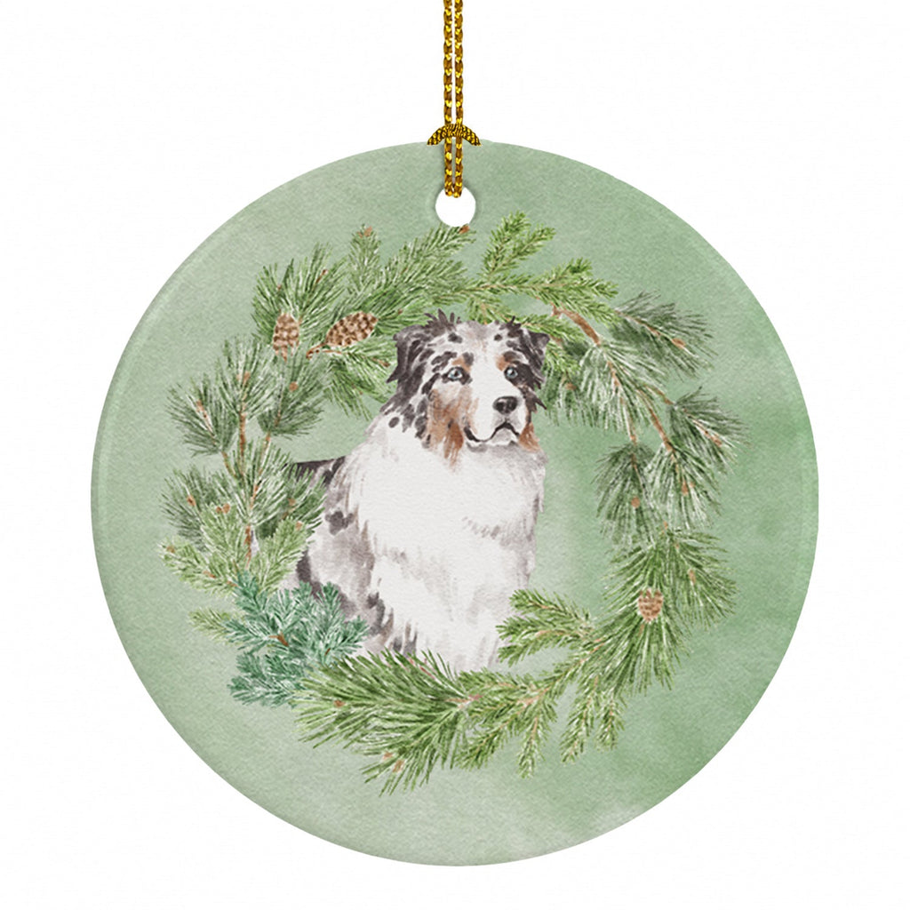 Australian Shepherd Blue Merle Longhaired Christmas Wreath Ceramic Ornament Christmas Tree Hanging Decorations for Home Christmas Holiday, Party, Gift, 3 in, Multicolor