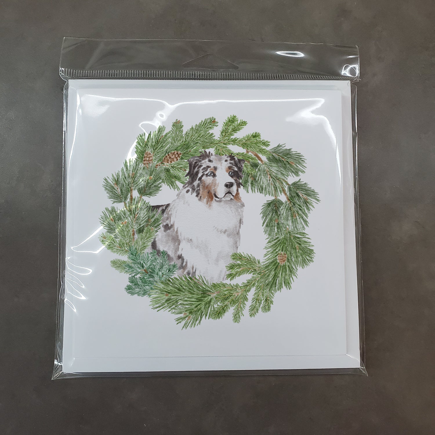 Australian Shepherd Blue Merle Longhaired Christmas Wreath Square Greeting Cards and Envelopes Pack of 8 Blank Cards with Envelopes Blank Thank You Note Greeting Cards Stationery
