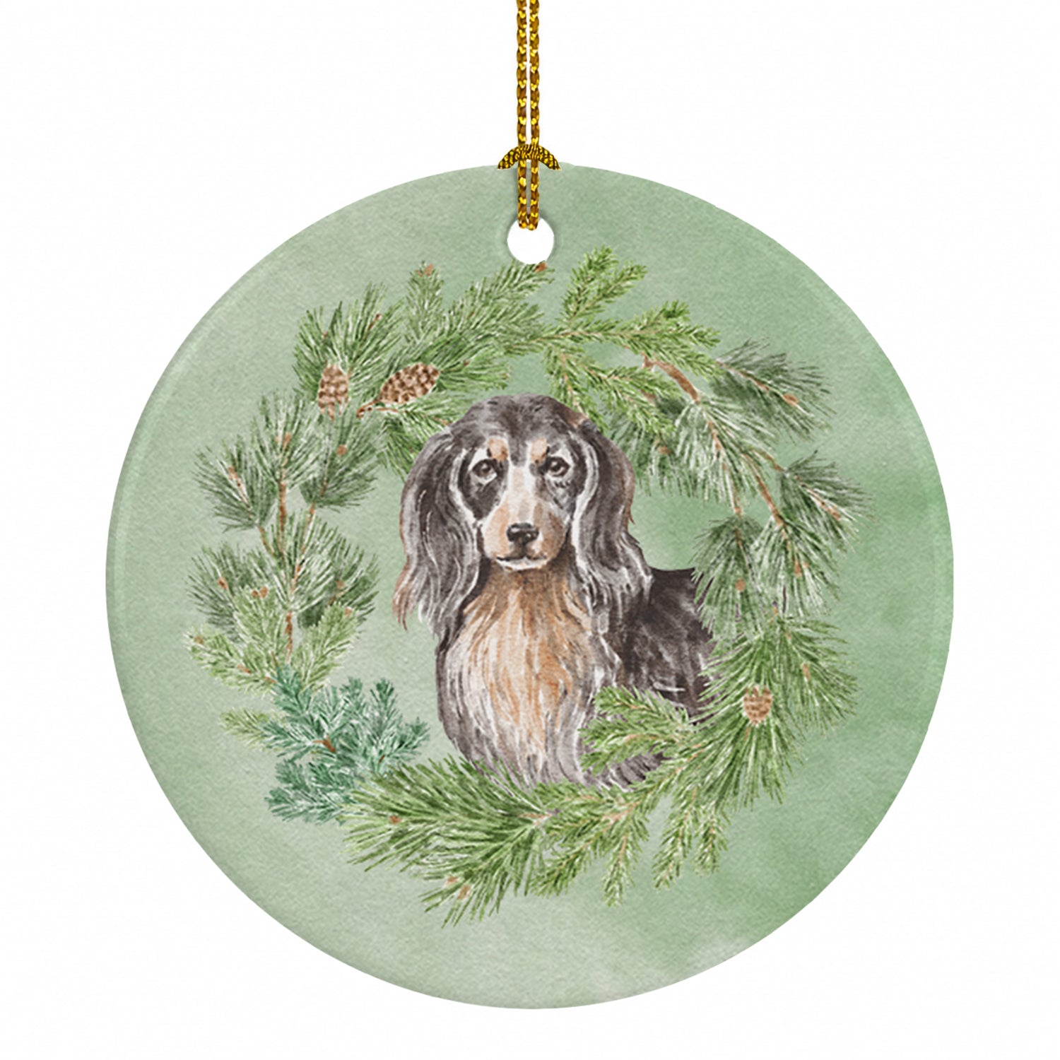 Dachshund Black and Tan Longhaired  Christmas Wreath Ceramic Ornament Christmas Tree Hanging Decorations for Home Christmas Holiday, Party, Gift, 3 in, Multicolor