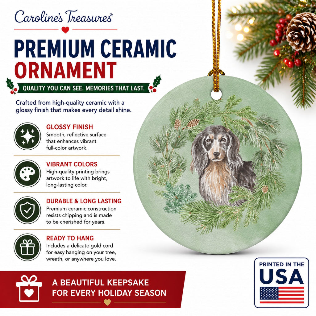 Dachshund Black and Tan Longhaired  Christmas Wreath Ceramic Ornament Christmas Tree Hanging Decorations for Home Christmas Holiday, Party, Gift, 3 in, Multicolor