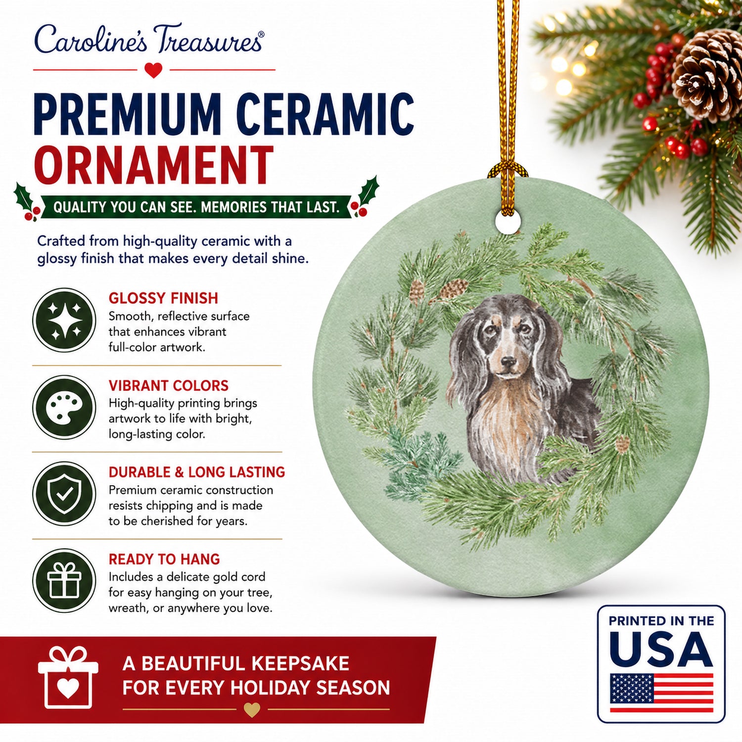 Dachshund Black and Tan Longhaired  Christmas Wreath Ceramic Ornament Christmas Tree Hanging Decorations for Home Christmas Holiday, Party, Gift, 3 in, Multicolor