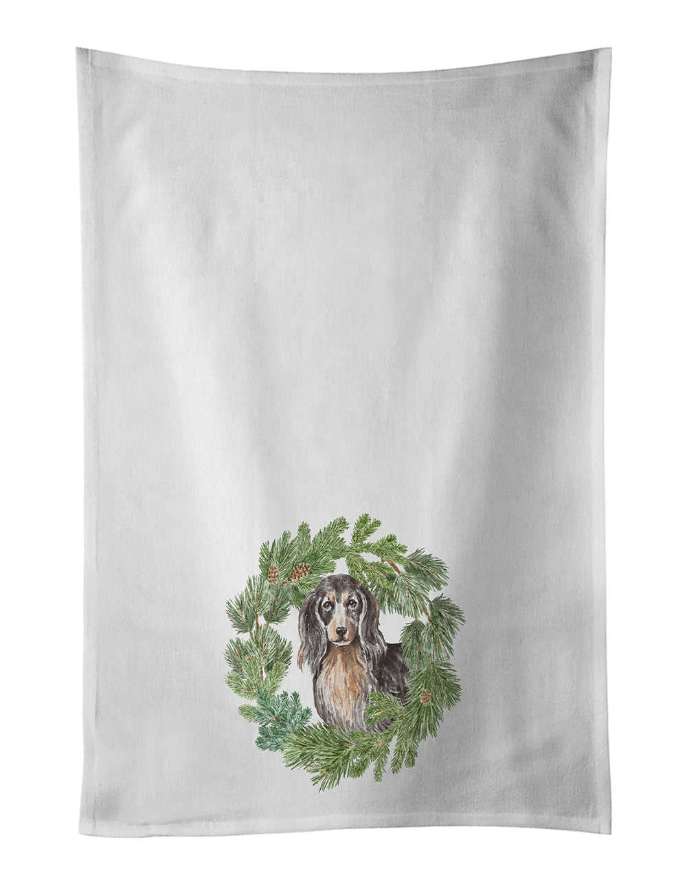 Dachshund Black and Tan Longhaired Christmas Wreath Kitchen Towel Set of 2 White Dish Towels Decorative Bathroom Hand towel for Hand, Face, Hair, Yoga, Tea, Dishcloth, 19 X 28", White