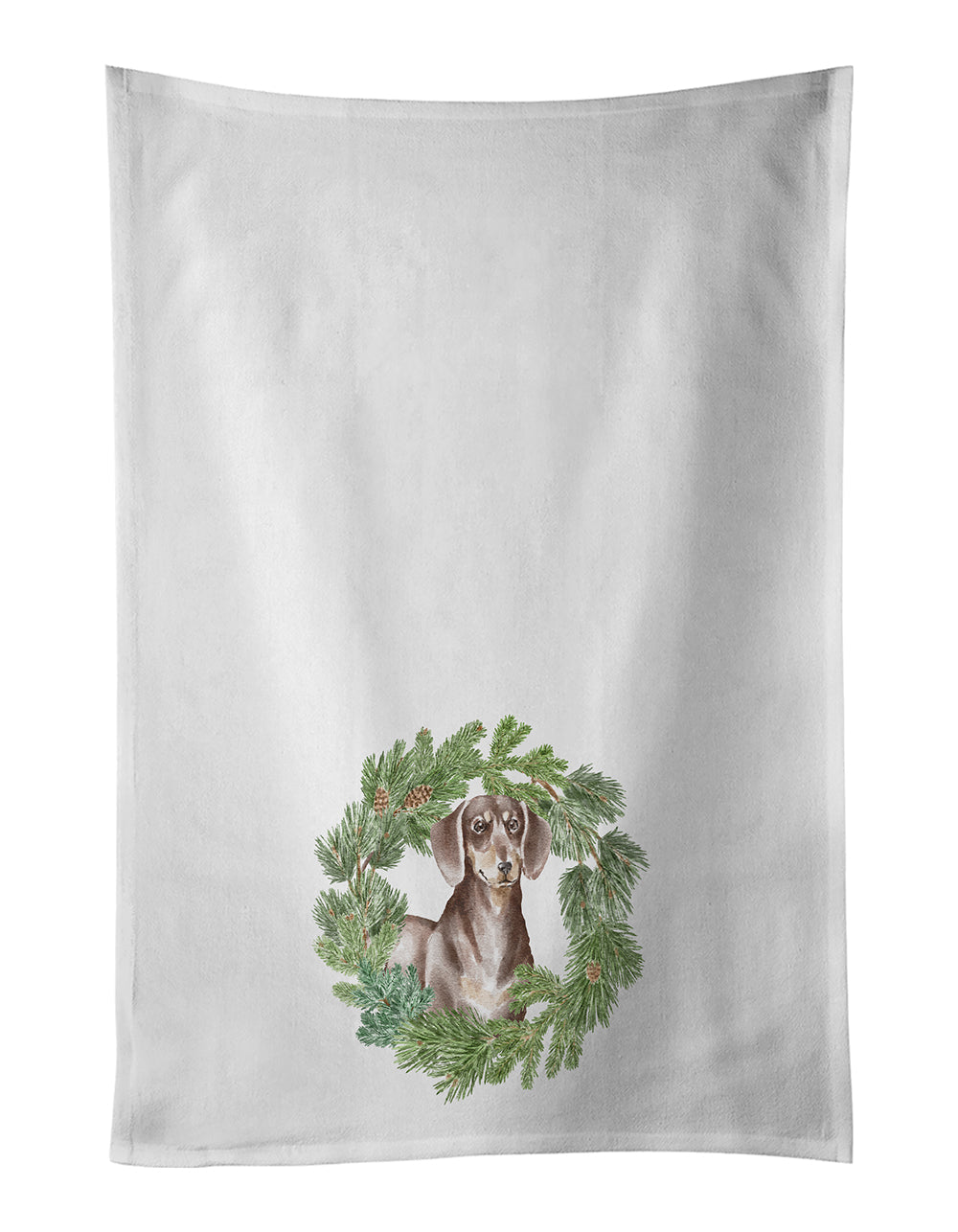 Dachshund Chocolate and Tan Christmas Wreath Kitchen Towel Set of 2 White Dish Towels Decorative Bathroom Hand towel for Hand, Face, Hair, Yoga, Tea, Dishcloth, 19 X 28", White
