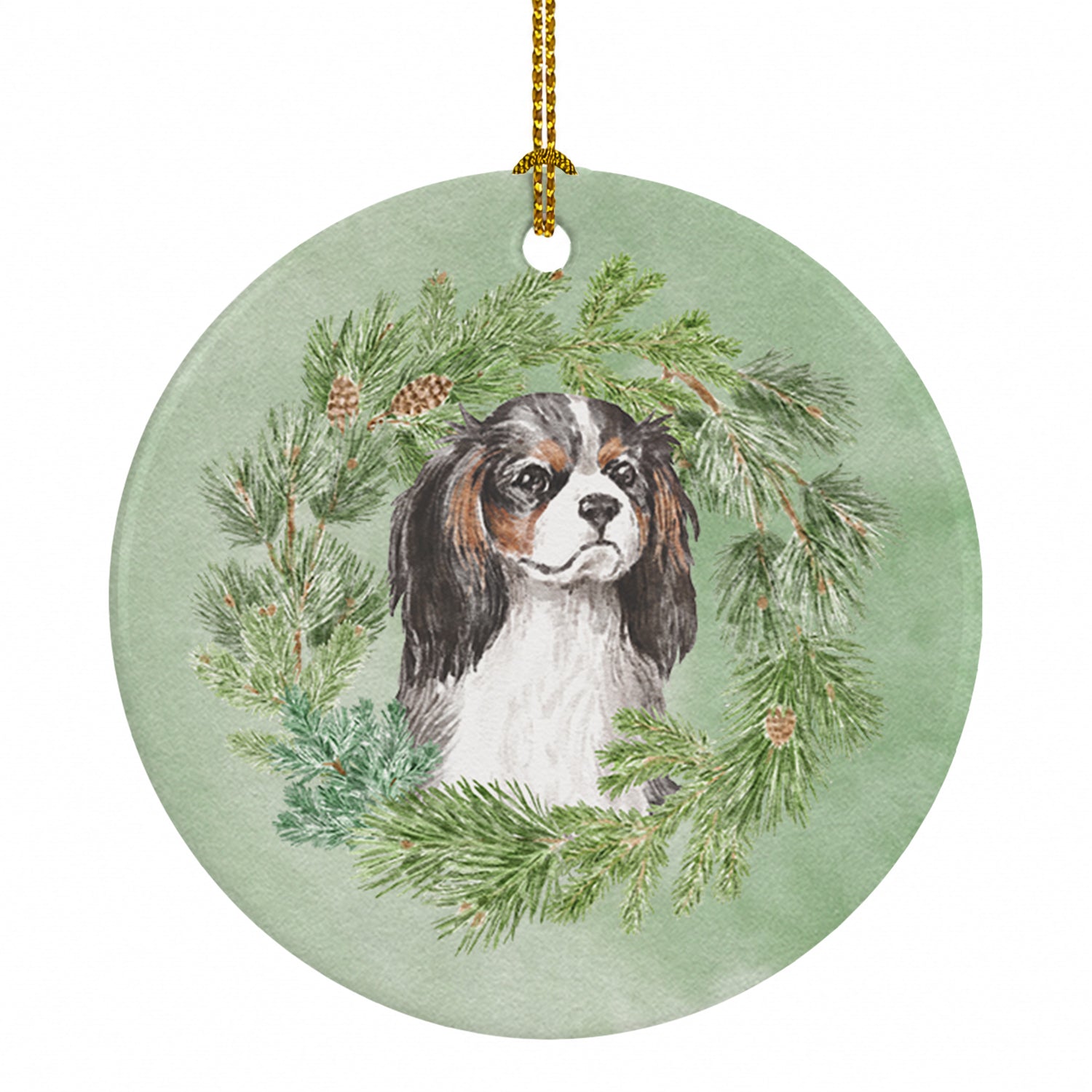 Cavalier Spaniel Tricolor Christmas Wreath Ceramic Ornament Christmas Tree Hanging Decorations for Home Christmas Holiday, Party, Gift, 3 in, Multicolor