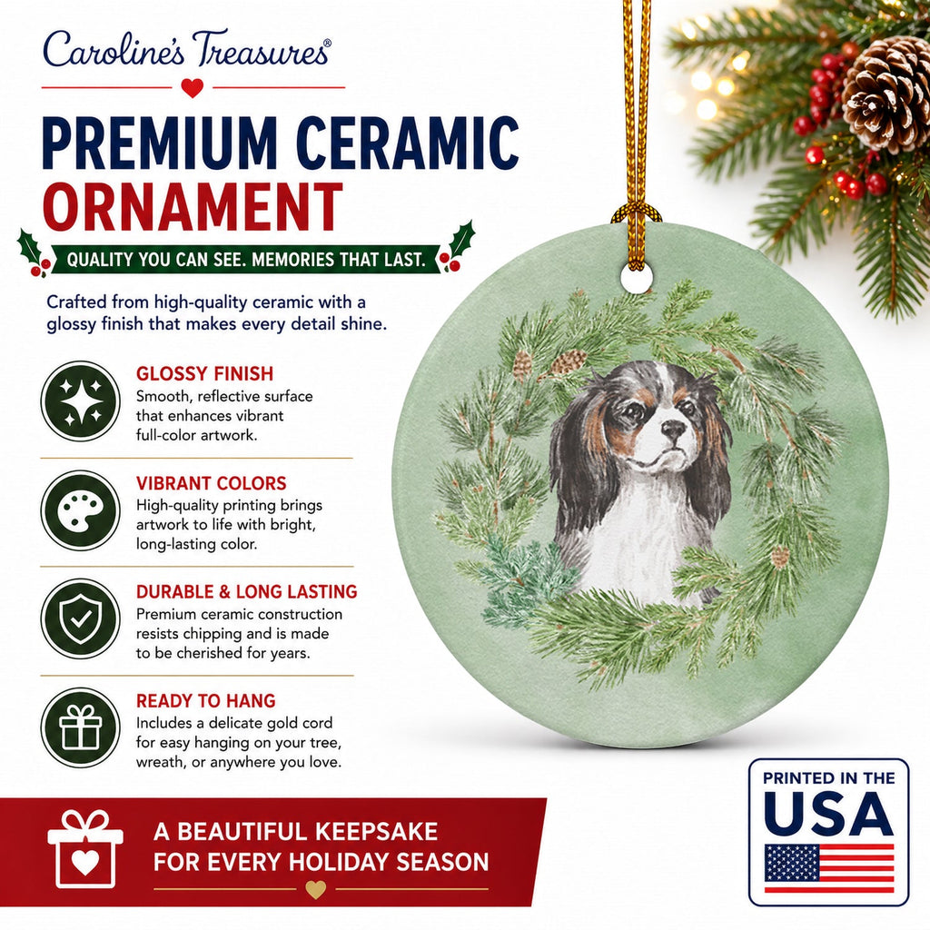 Cavalier Spaniel Tricolor Christmas Wreath Ceramic Ornament Christmas Tree Hanging Decorations for Home Christmas Holiday, Party, Gift, 3 in, Multicolor