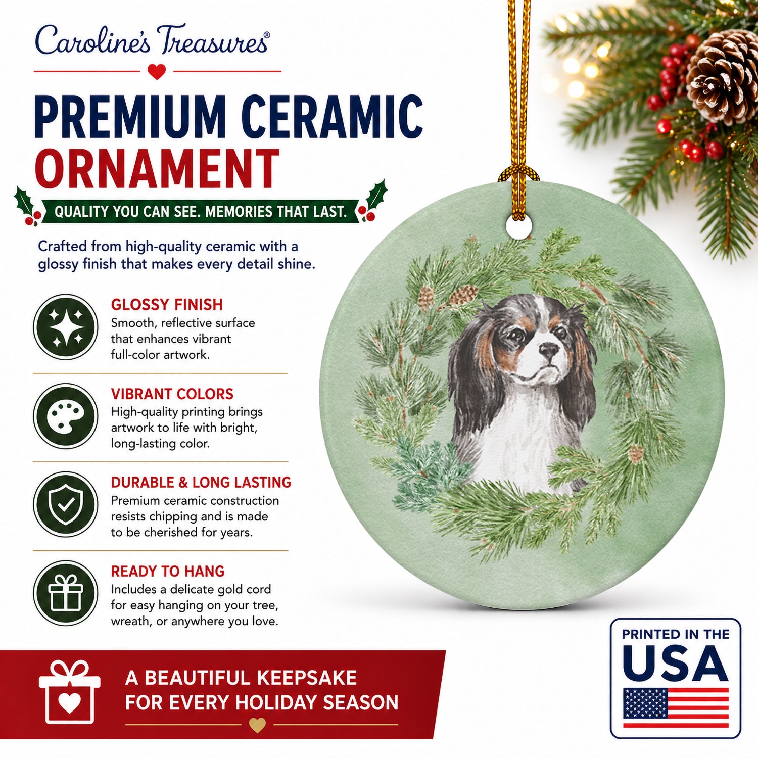 Cavalier Spaniel Tricolor Christmas Wreath Ceramic Ornament Christmas Tree Hanging Decorations for Home Christmas Holiday, Party, Gift, 3 in, Multicolor